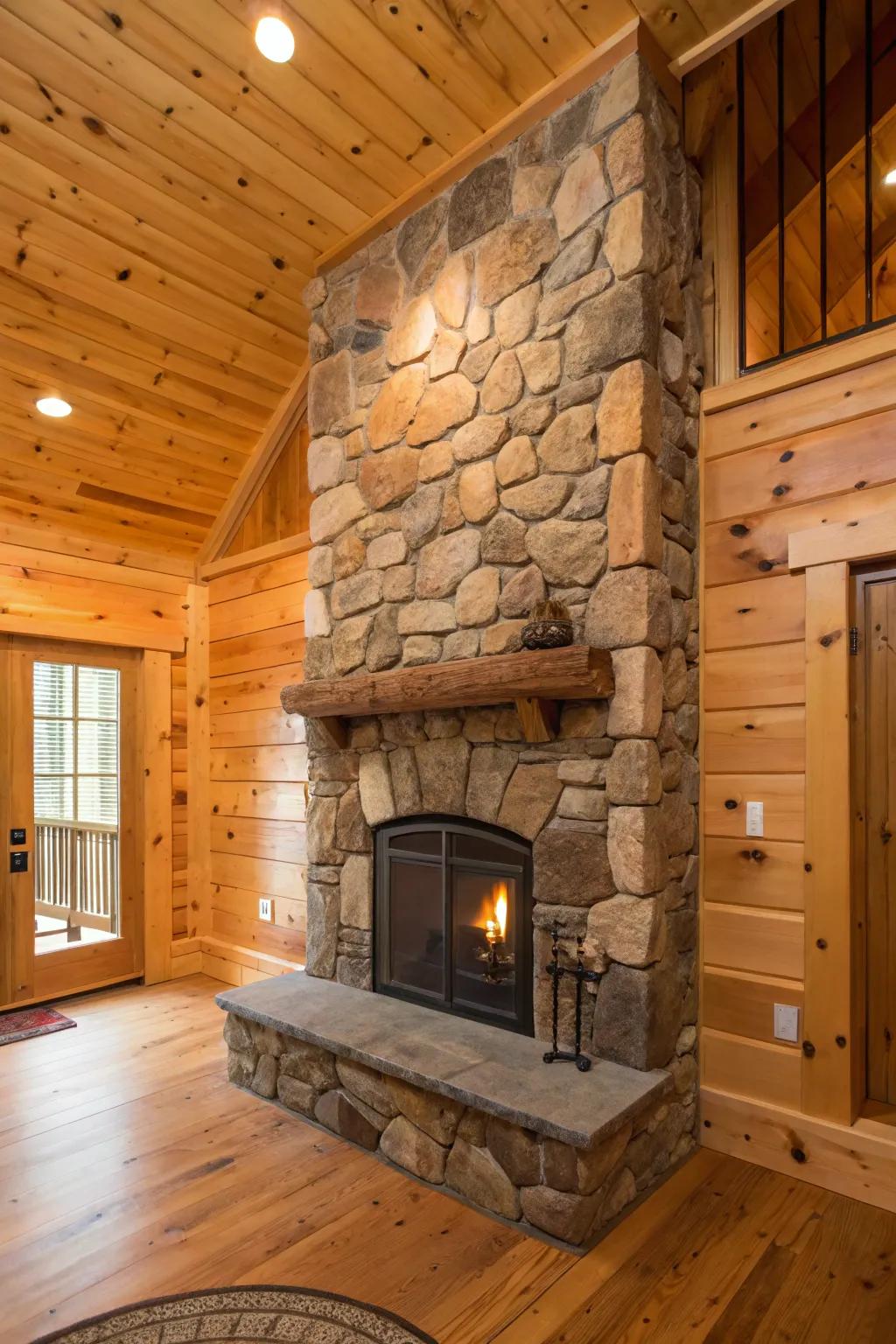 Stone hearth matched with knotty pine walls for timbered charm.