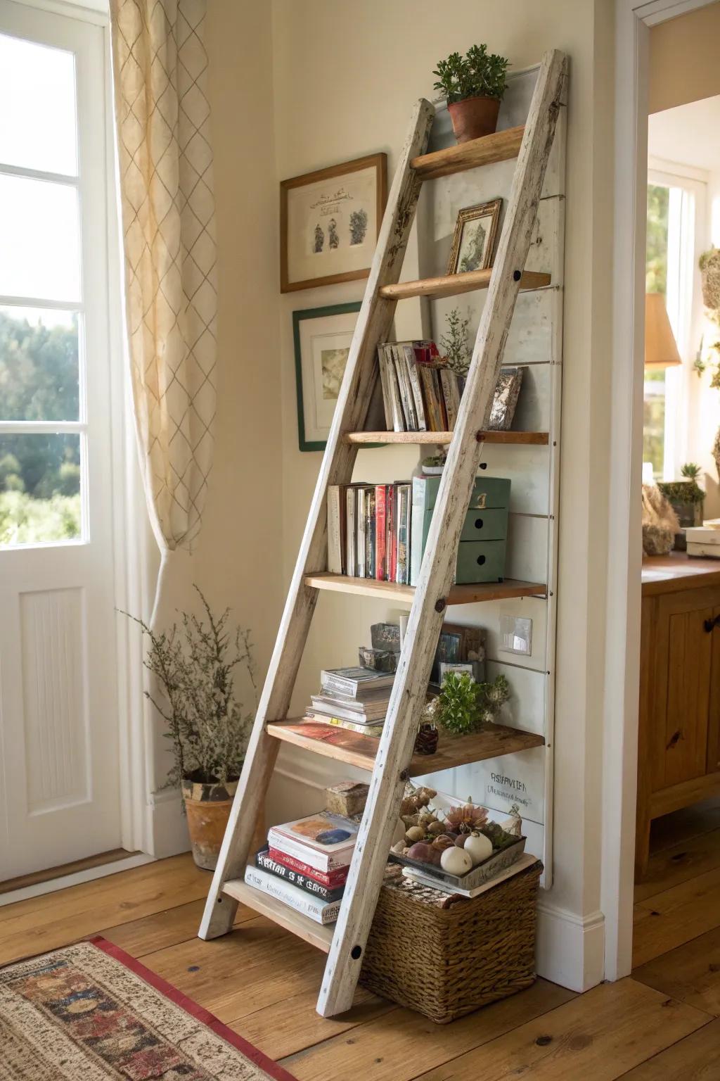 A ladder shelving unit adds both style and storage.