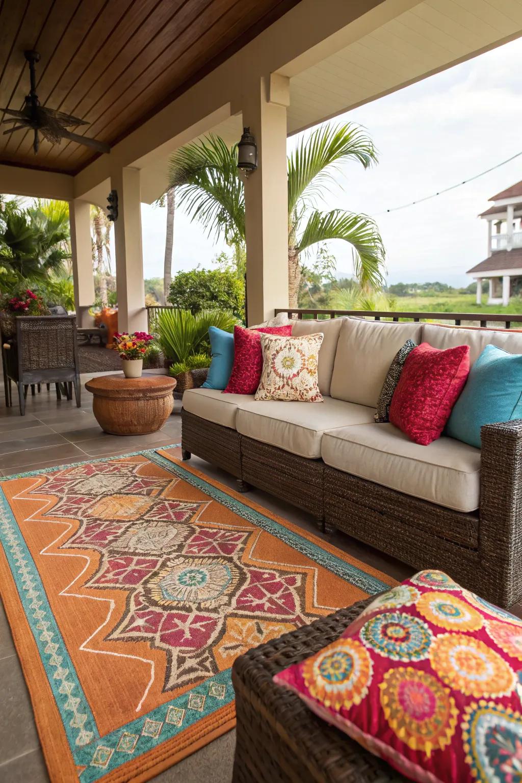 Individual accents infuse warmth and fashion into this lanai.