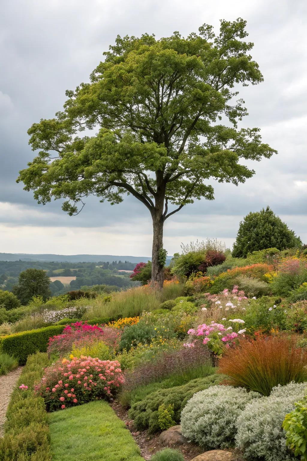 Mixed planting adds texture and interest around trees.