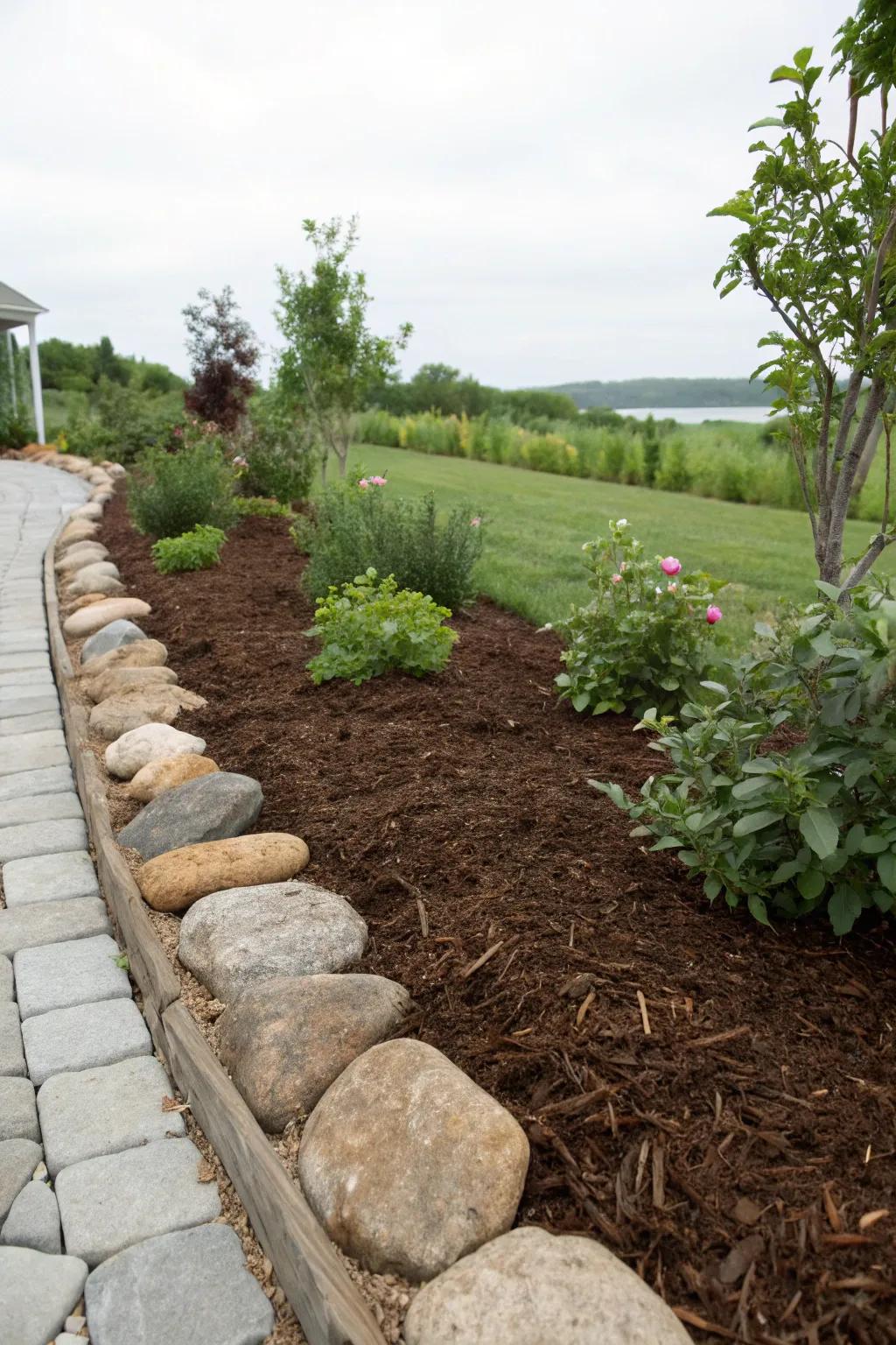 A well-kept garden bed featuring fresh mulch and stone border.