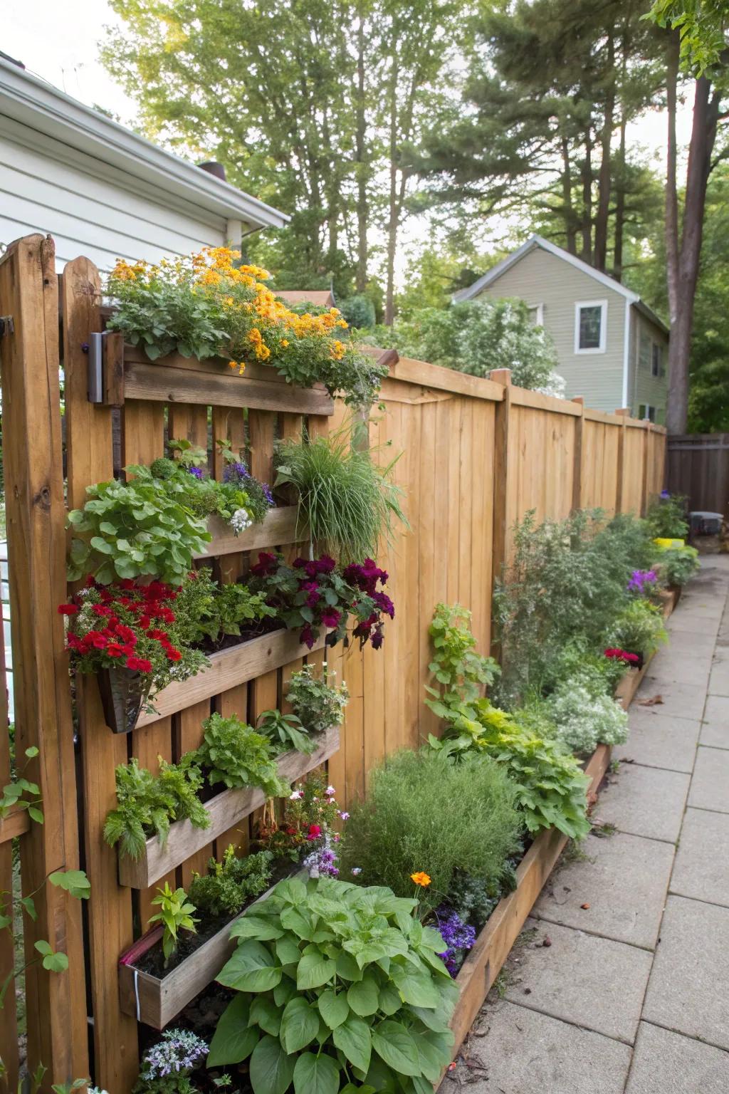A vertical garden displayed on a fence, showcasing different vibrant plants.
