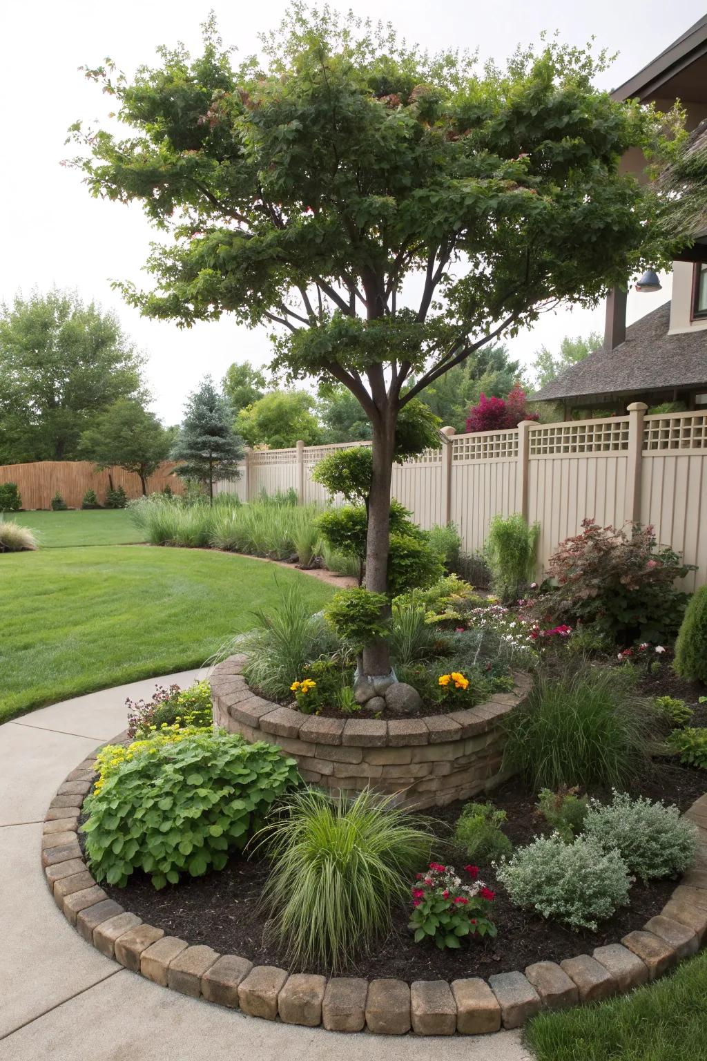 A tree encircled by tiered planting, creating visual depth and interest.