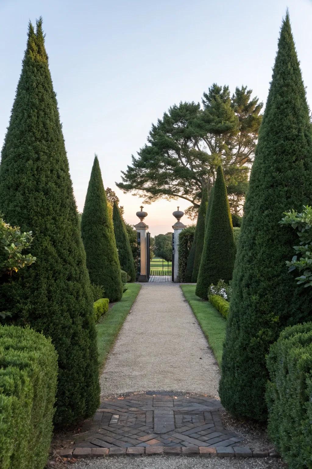 Symmetry with arborvitae conveys enduring sophistication.