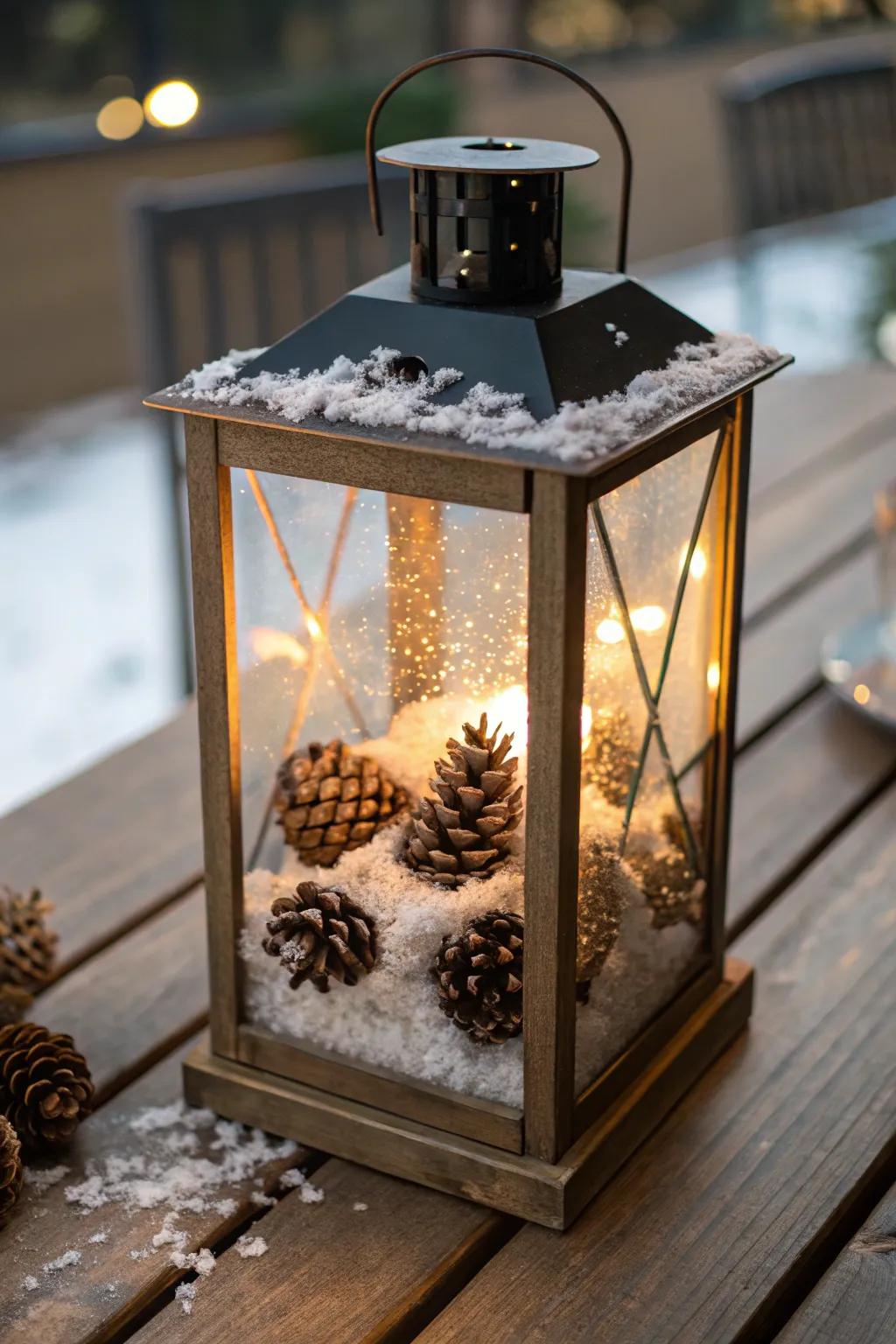 A snow-inspired lantern fostering a snug setting.
