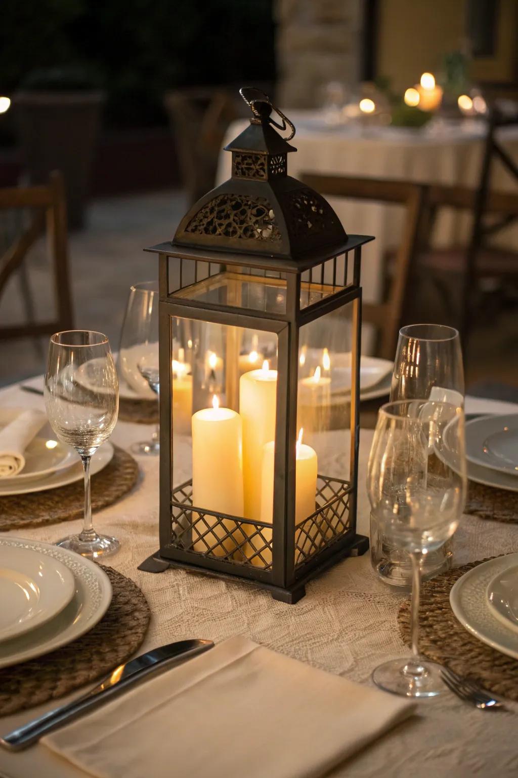 Fashion a sophisticated ambiance through flame bulb-lit lanterns.