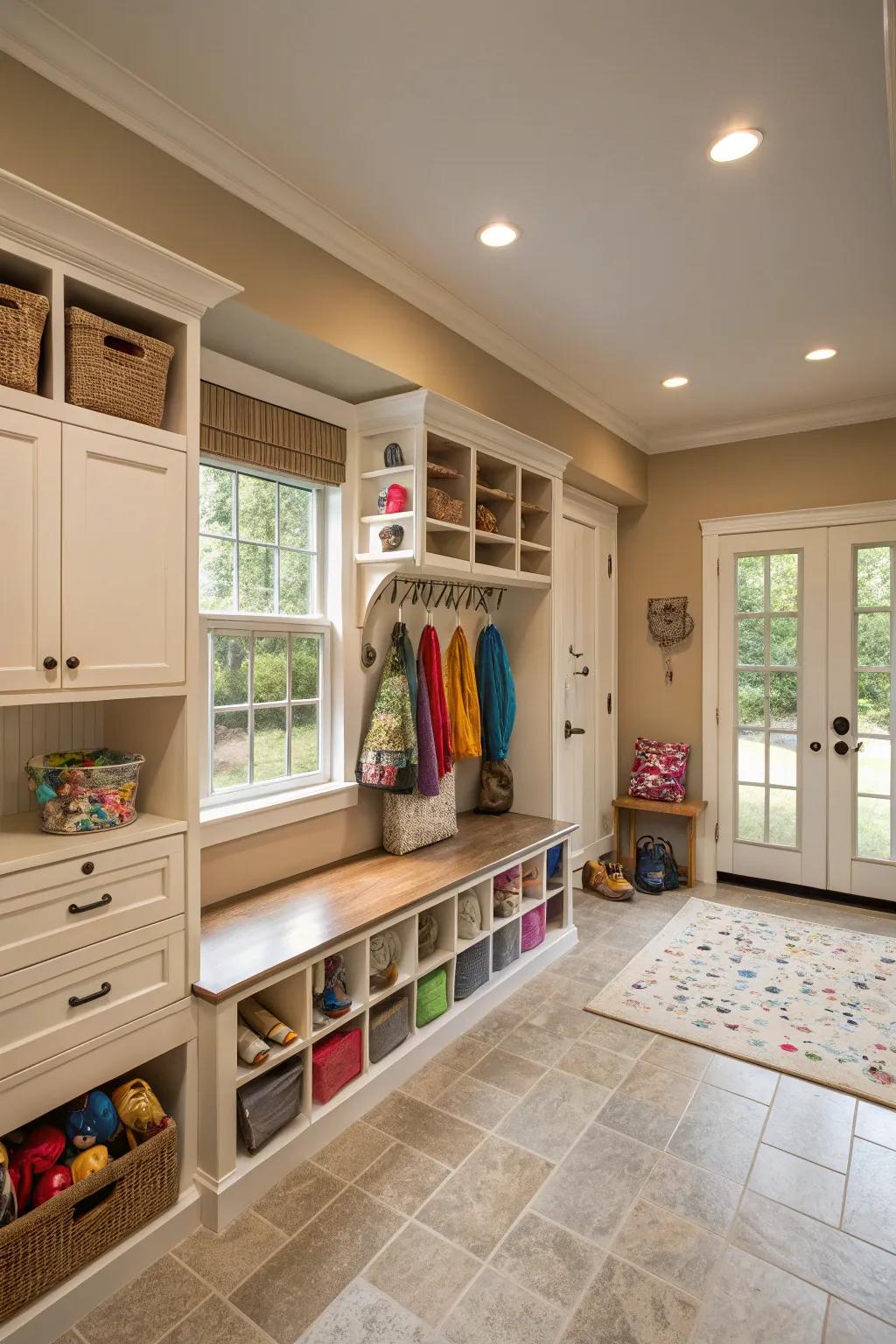 A multi-purpose laundry room with craft and mudroom areas.