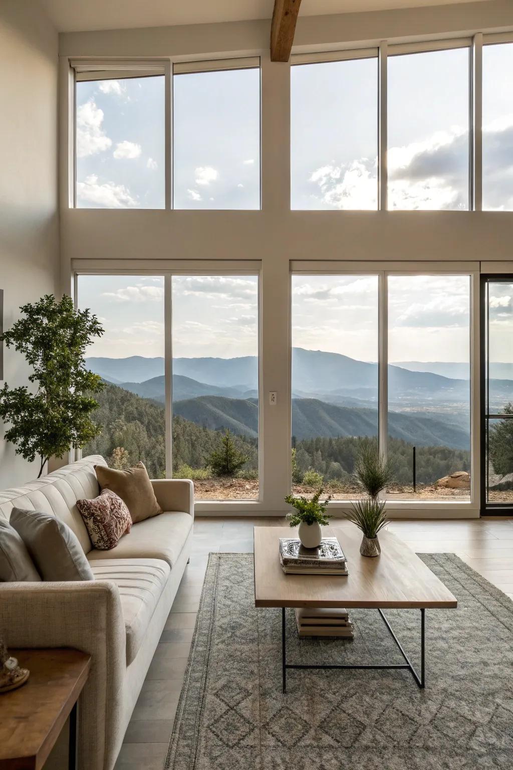 Picture windows providing a stunning, unobstructed view of the mountains.