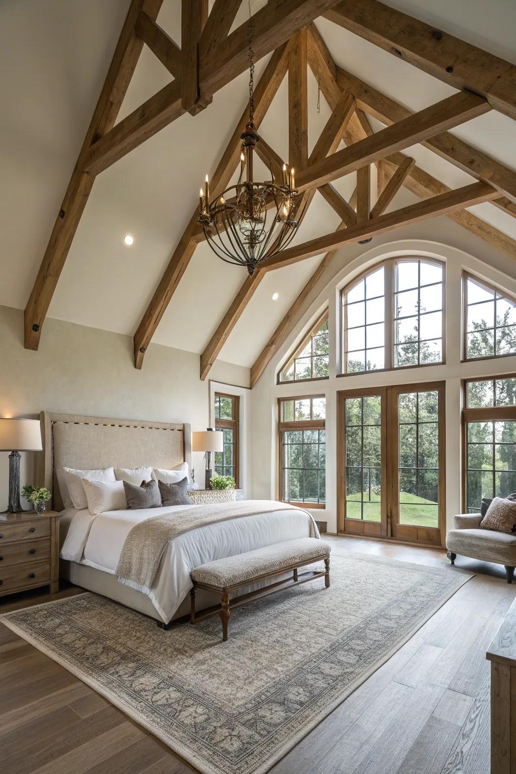 Building elements like high ceilings add character to the bedroom.