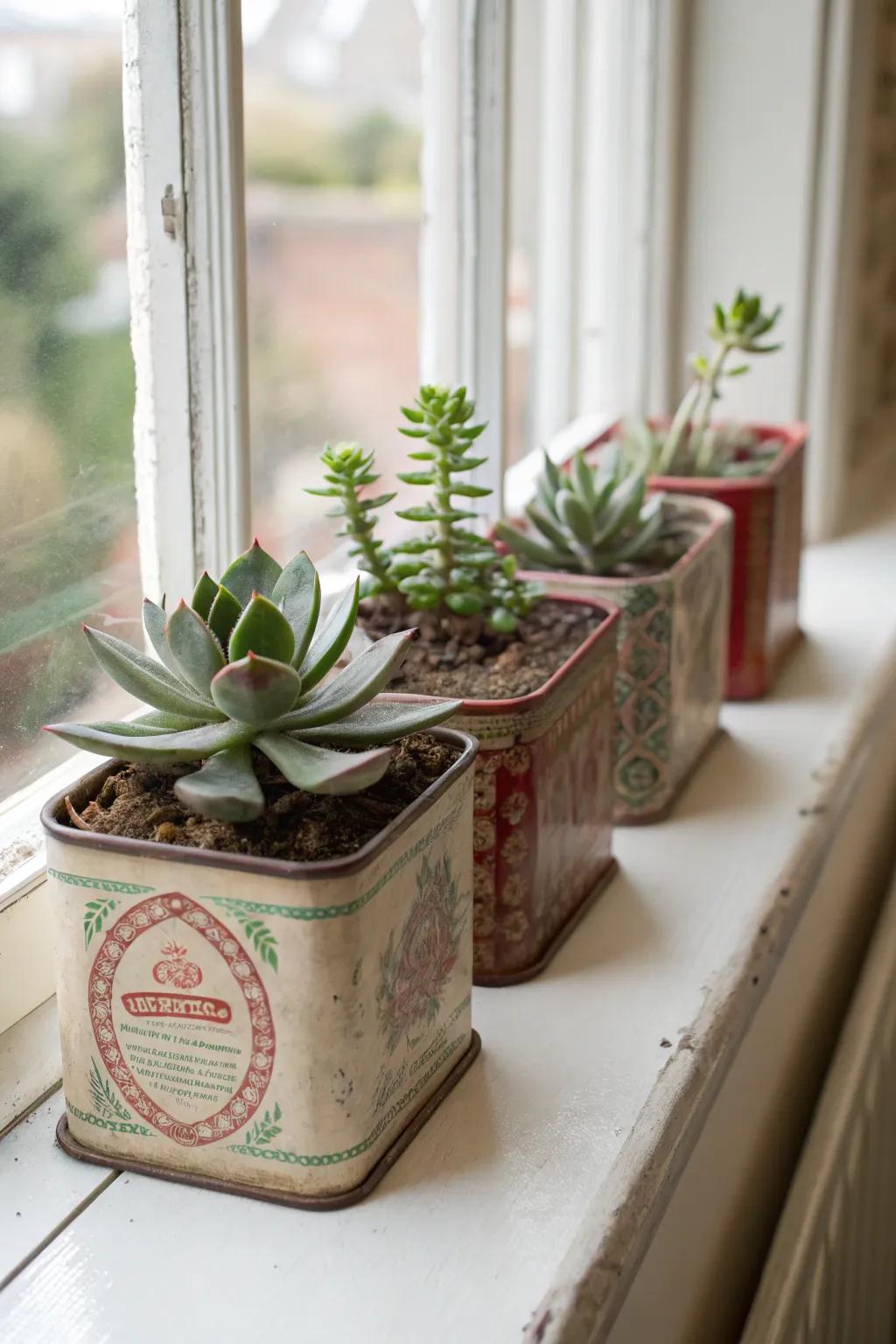 Charming tea boxes repurposed as succulent planters.