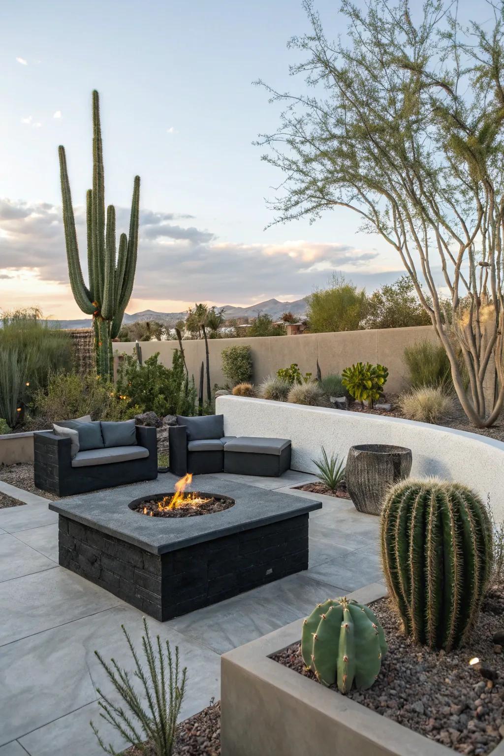 Contemporary fire pit centered in a seating arrangement in a Las Vegas backyard.