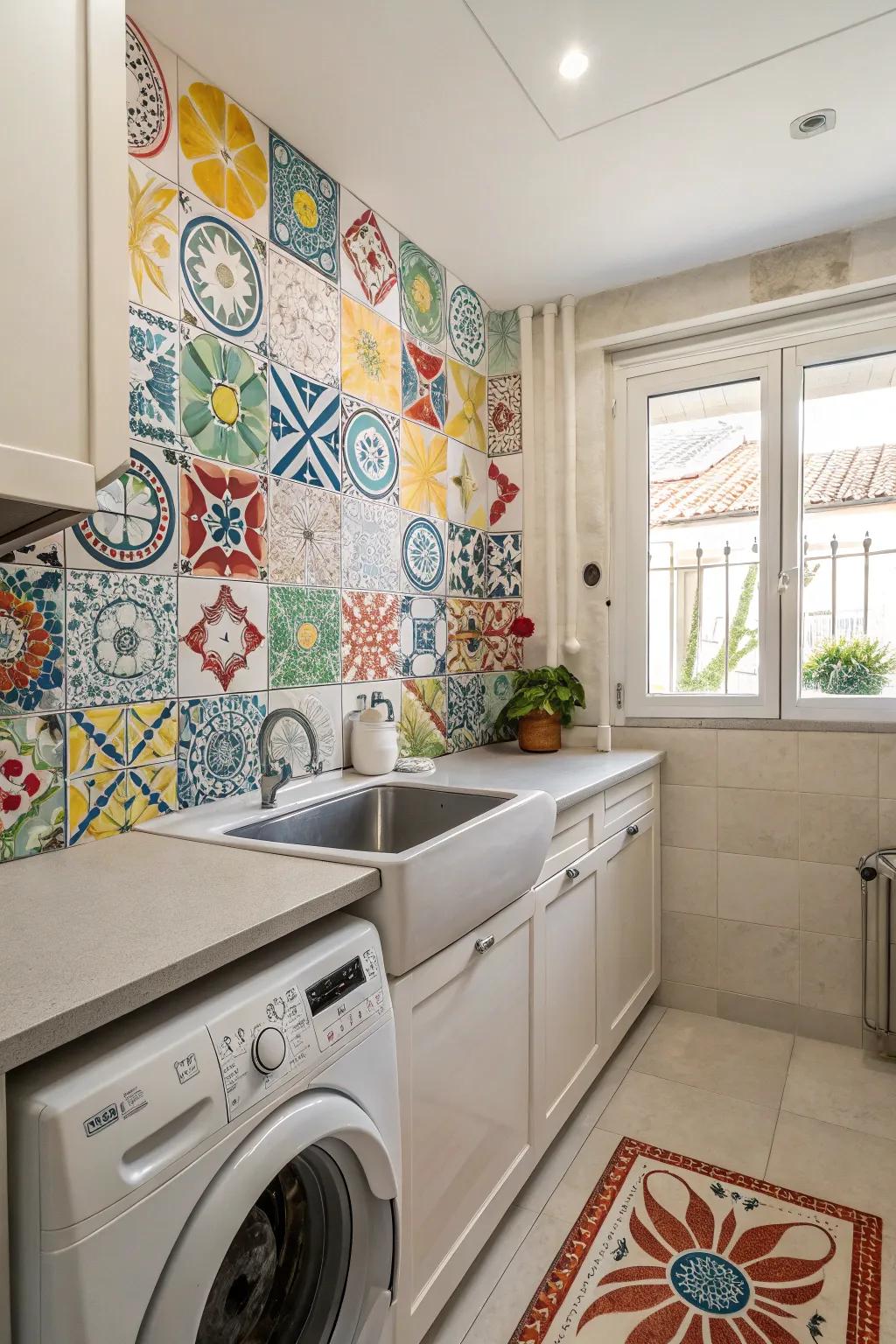 Decorative tiles give personality and color to your laundry room.
