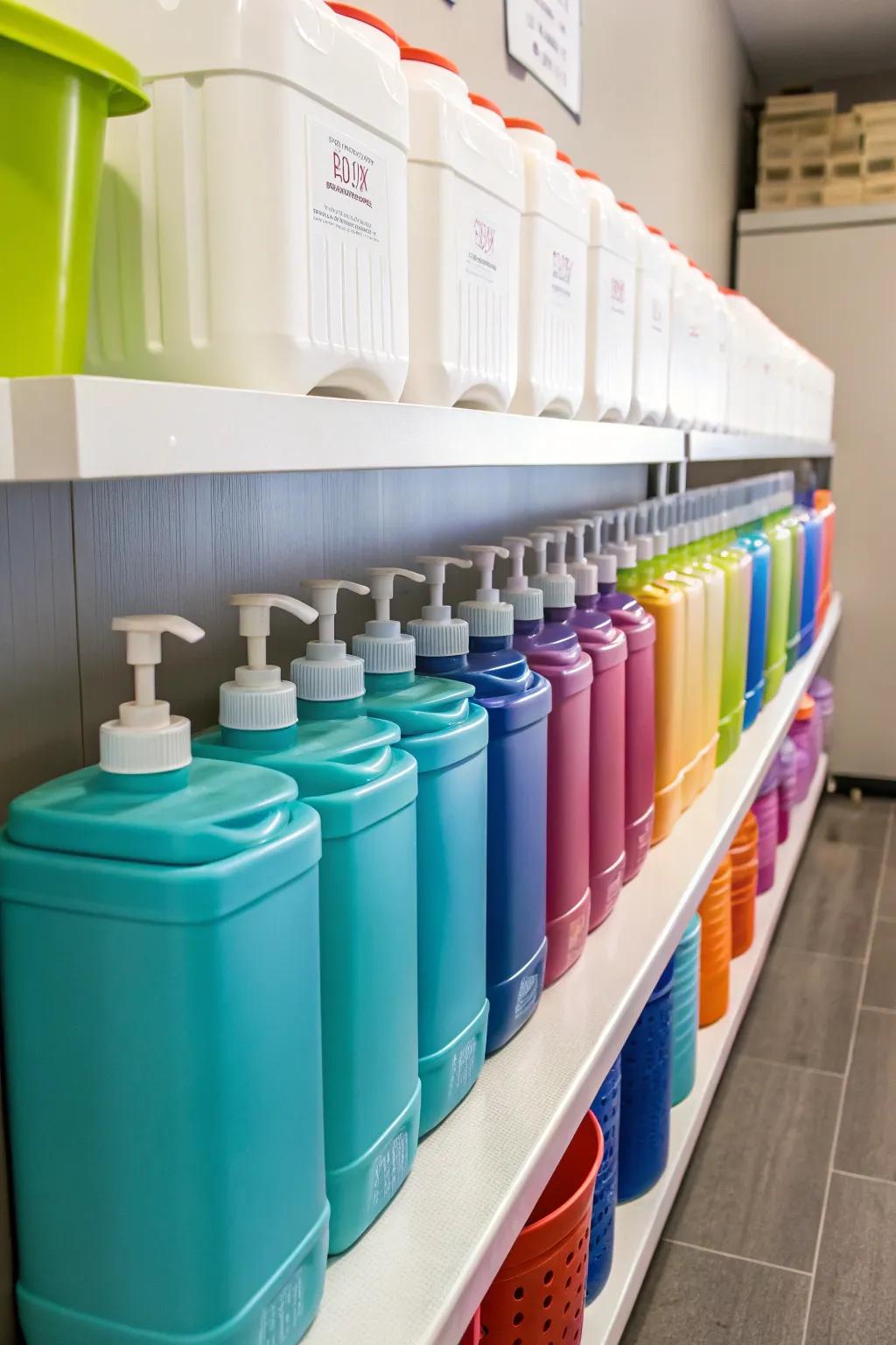 Matching dispensers shape a harmonious laundry area.