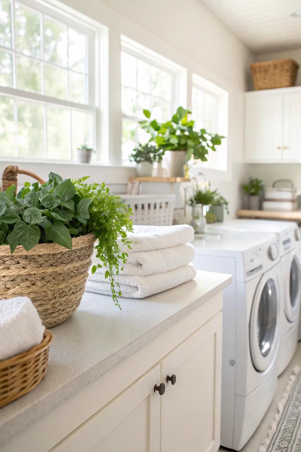 Decorative plants that add a natural touch to the countertops in a laundry room.