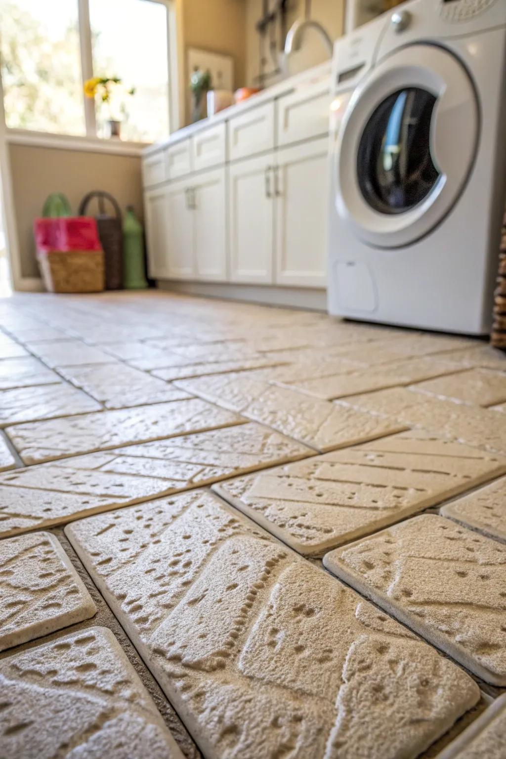 Textured flooring enriches the laundry room with depth and personality.