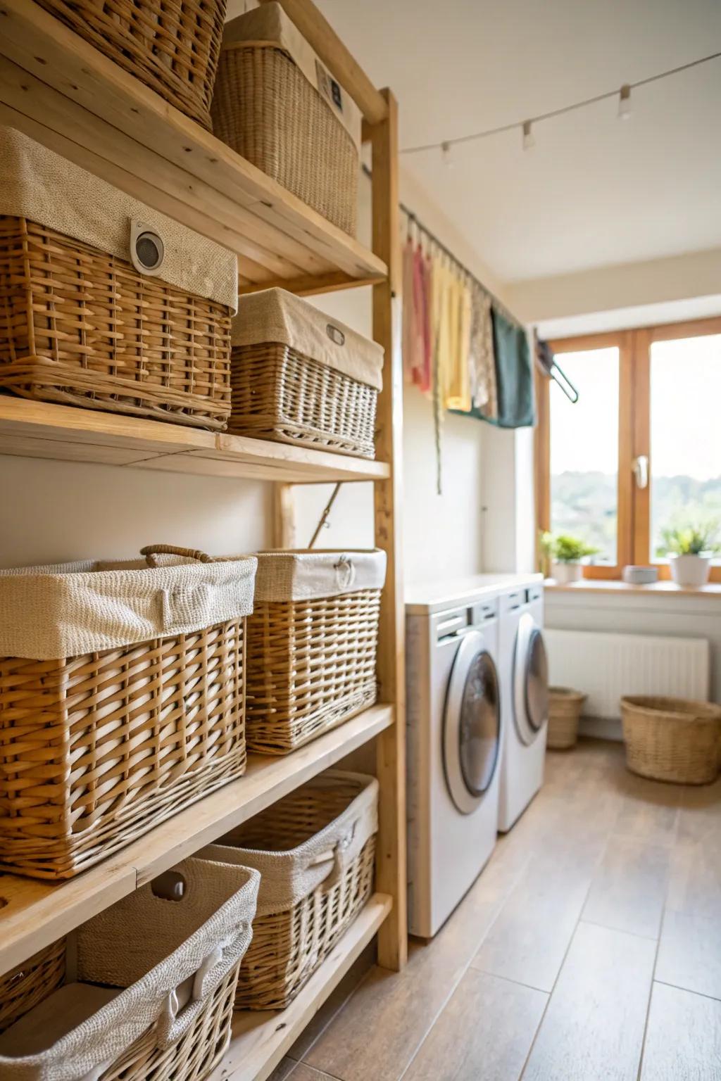 Wicker baskets add warmth and functionality to this laundry room.