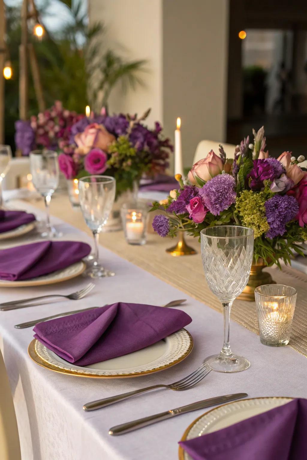 An amethyst-themed dining table set for a memorable experience.