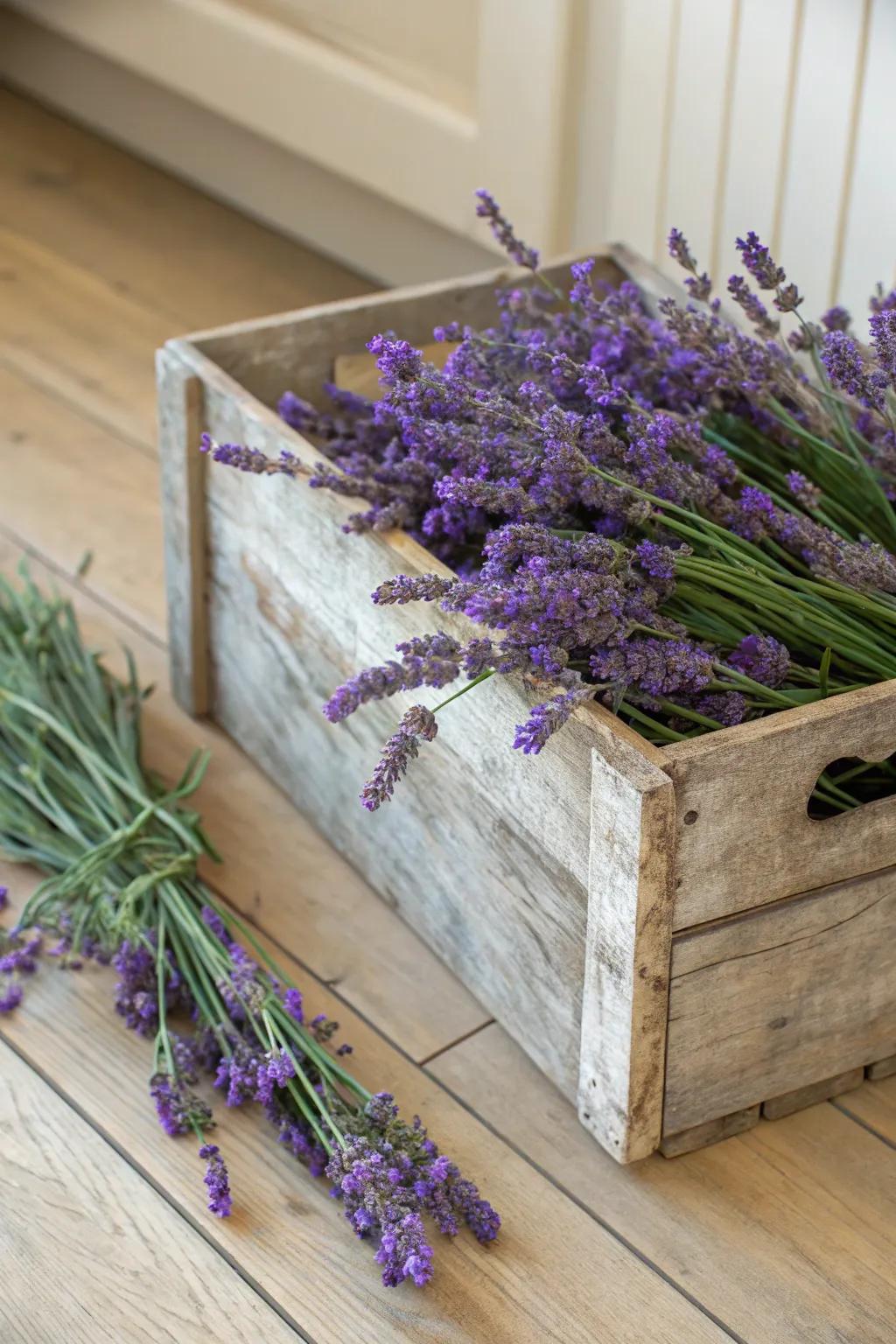The organic charm of a wooden crate overflowing with lavender.