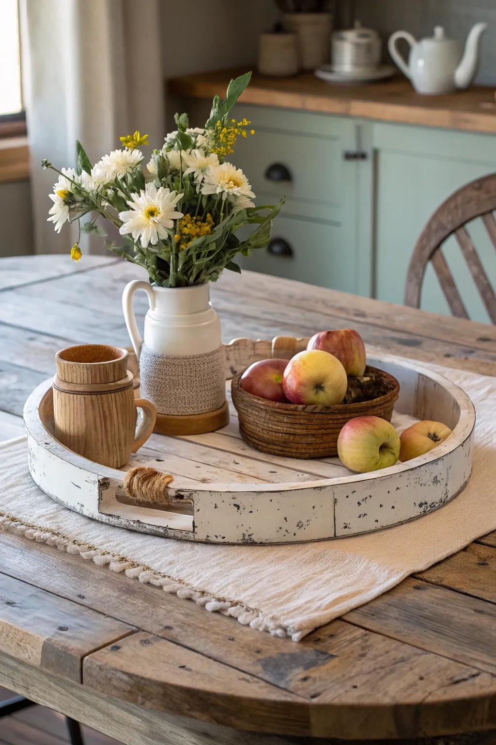 A country-style wooden spinning organizer, perfect for achieving a farmhouse aesthetic.