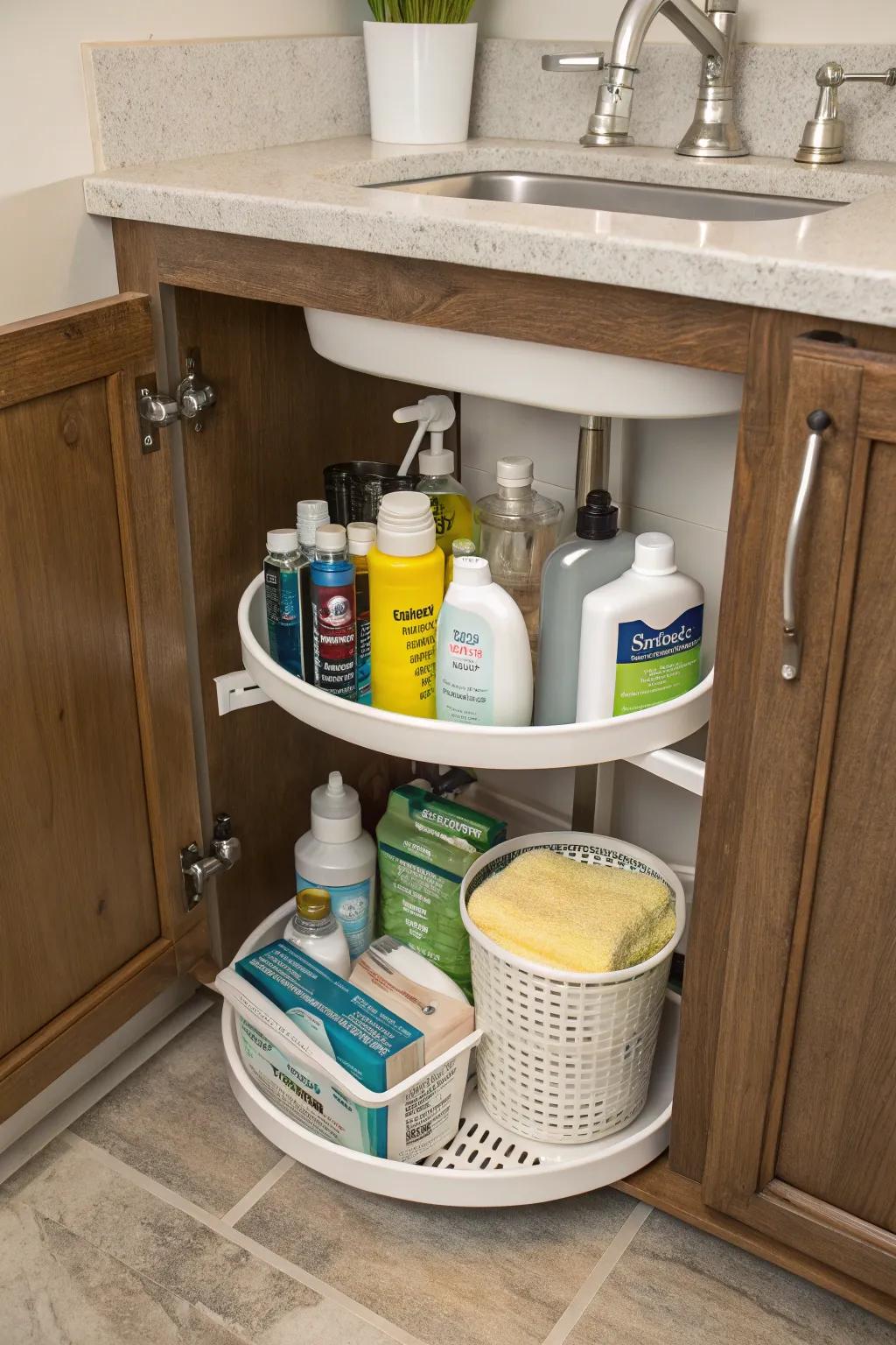 Simplify your cleaning tasks by arranging your supplies on a spinning organizer.