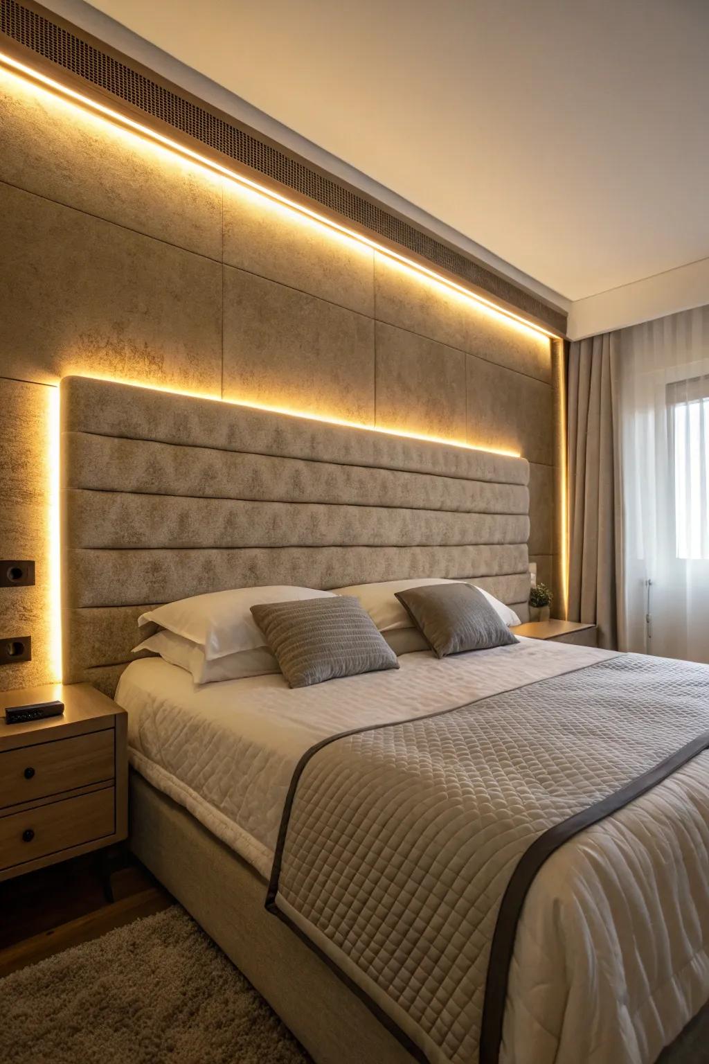 A headboard enhanced by illuminating bands for a dramatic flourish.