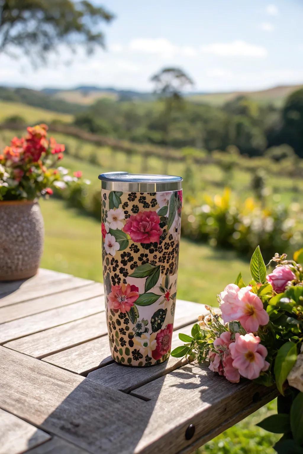 Jungle cat design meets floral beauty in this striking cup design.