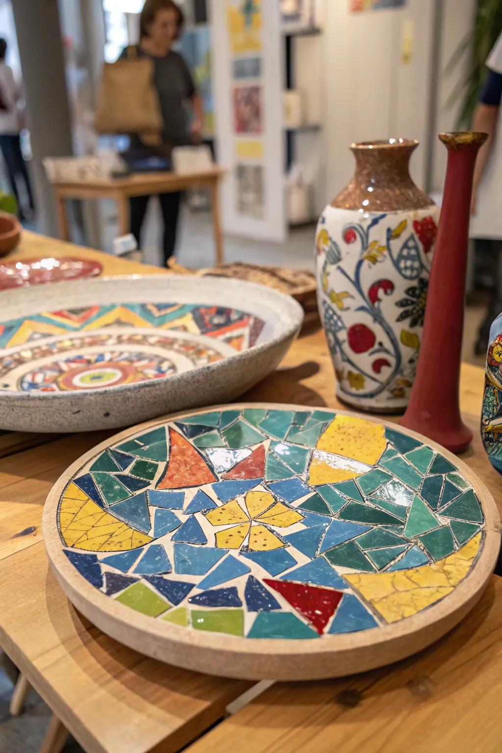 A brilliant mosaic art piece composed of shattered plate fragments.