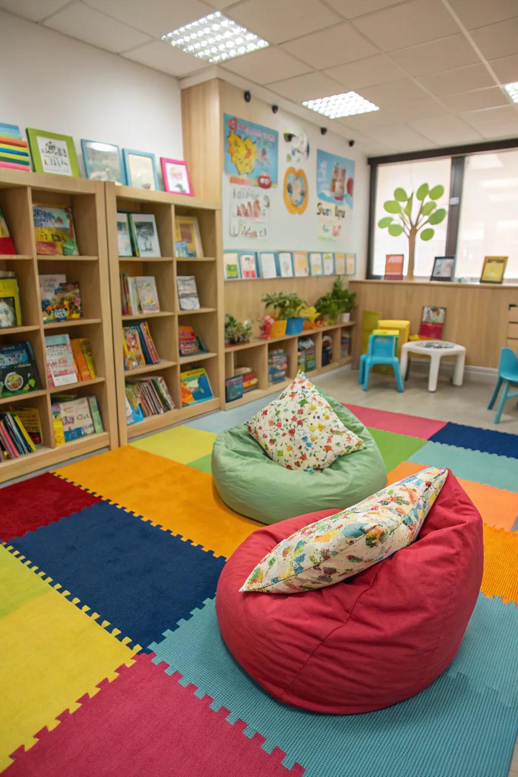 A cheerful children's reading area with bright, smaller-scale furniture.