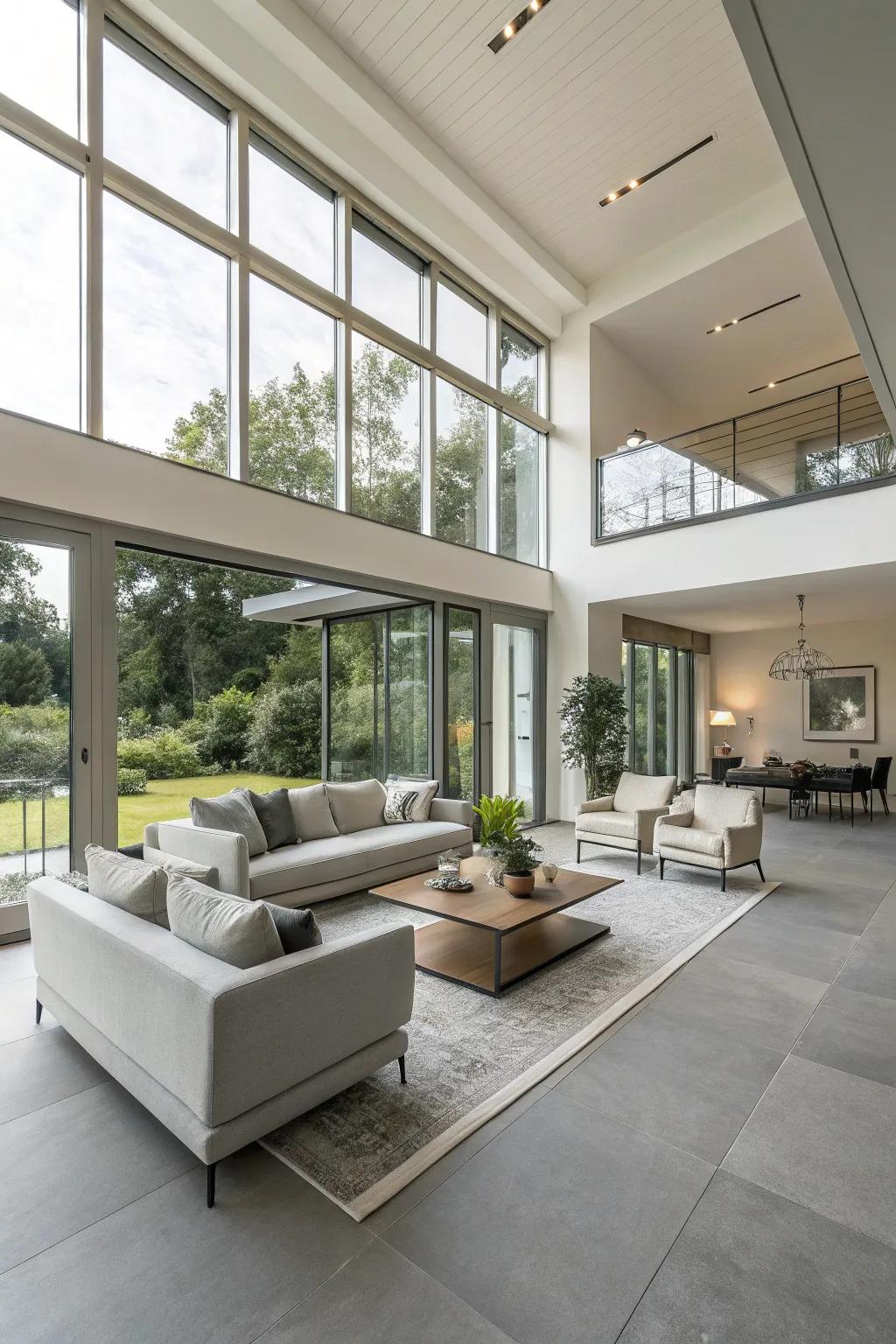 Pale gray flooring provides a modern foundation in this open-concept living space.