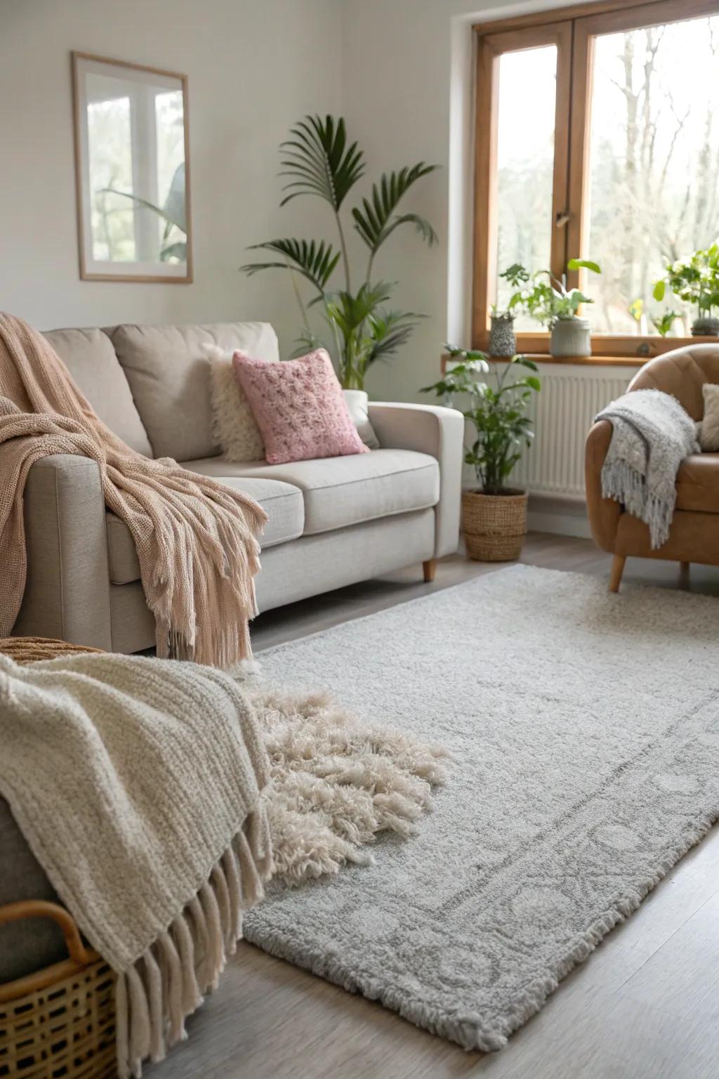 A welcoming living room filled with soft textures and light grey flooring.