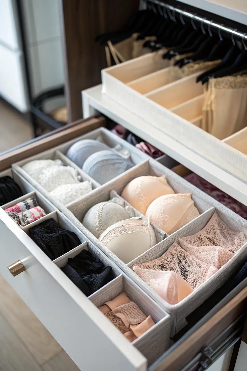 Drawer dividers maintain your lingerie sorted and readily available.