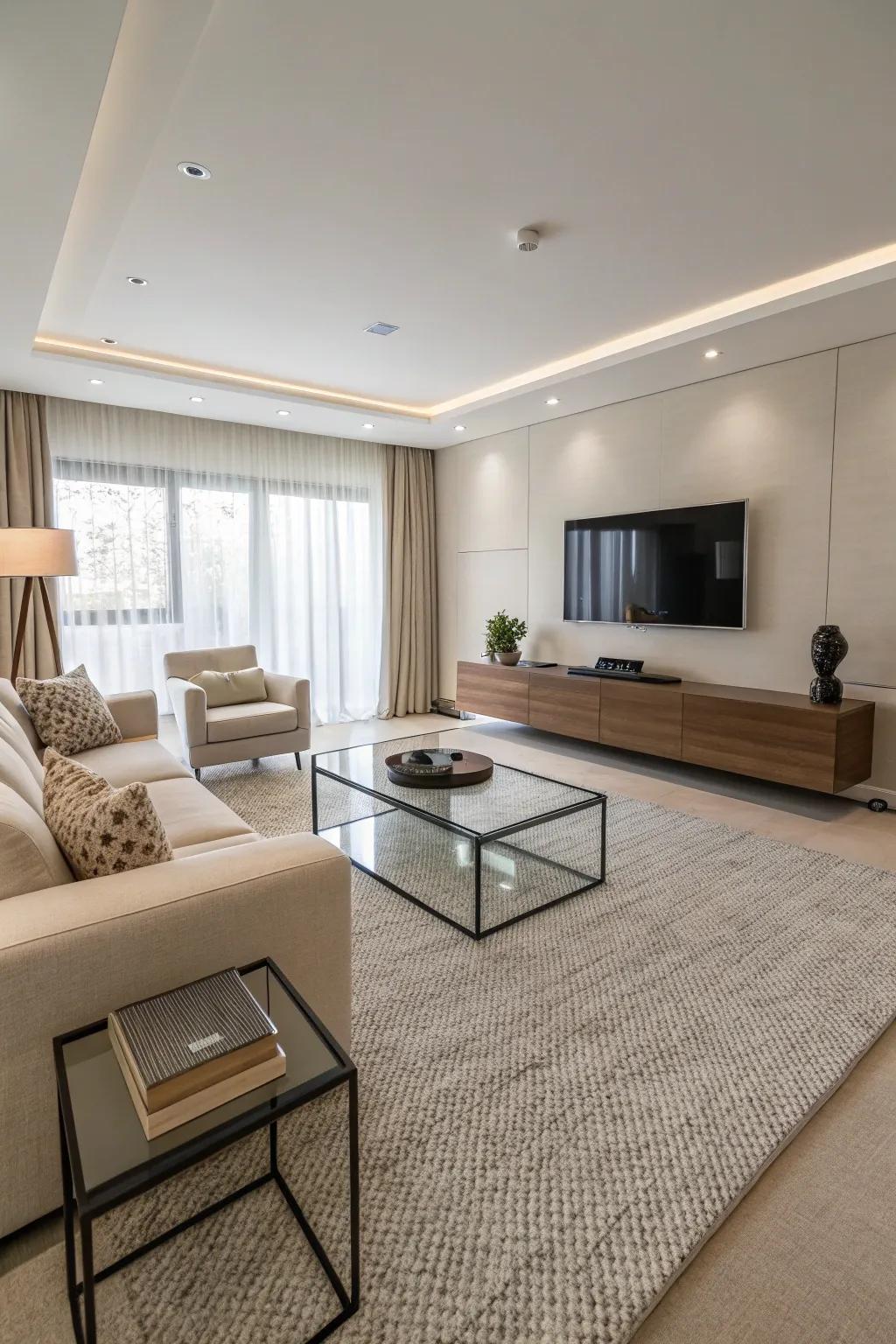 The emphasis on modern minimalism is achieved through the use of sharp lines and subtle designs.