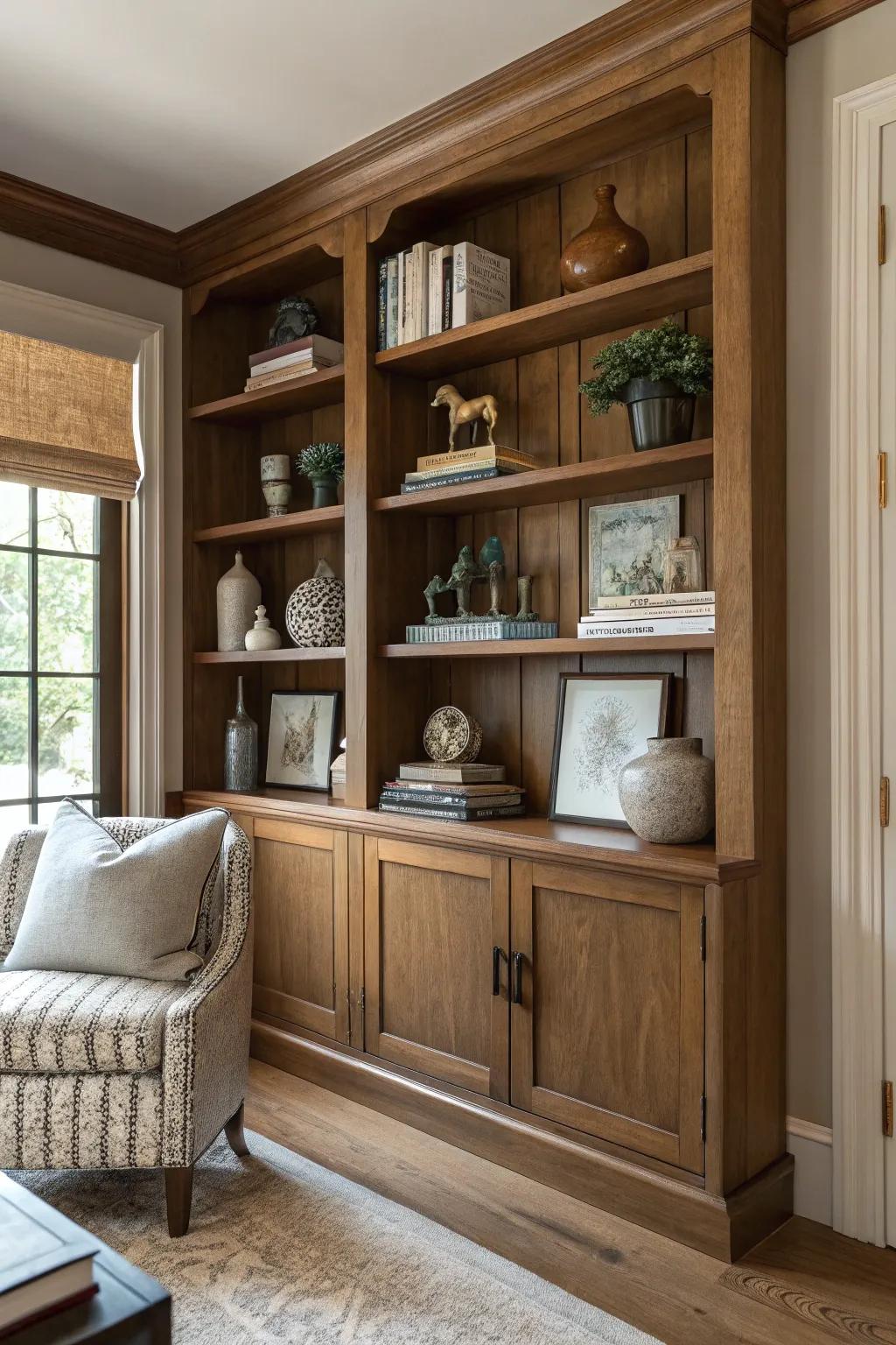 Corner shelving offers a perfect place to showcase books and treasures.