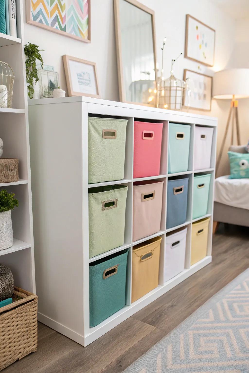 Color-coordinated cube storage for a harmonious and refined living area.
