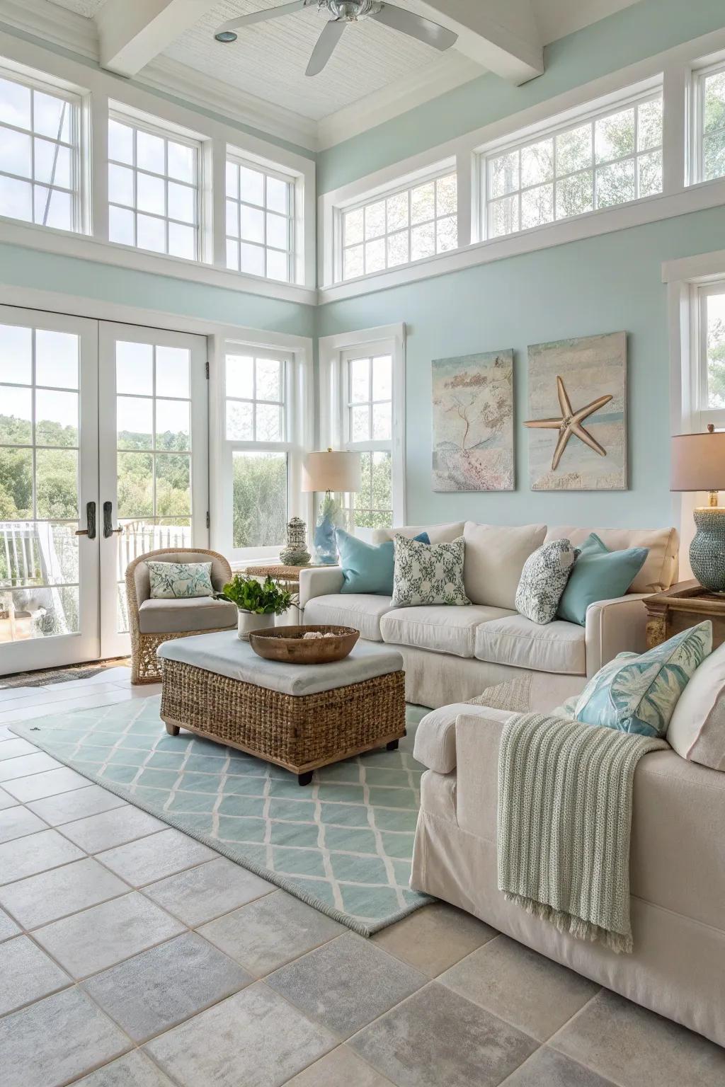 Ceramic tiles present a cool, sturdy choice for fashionable living room designs.