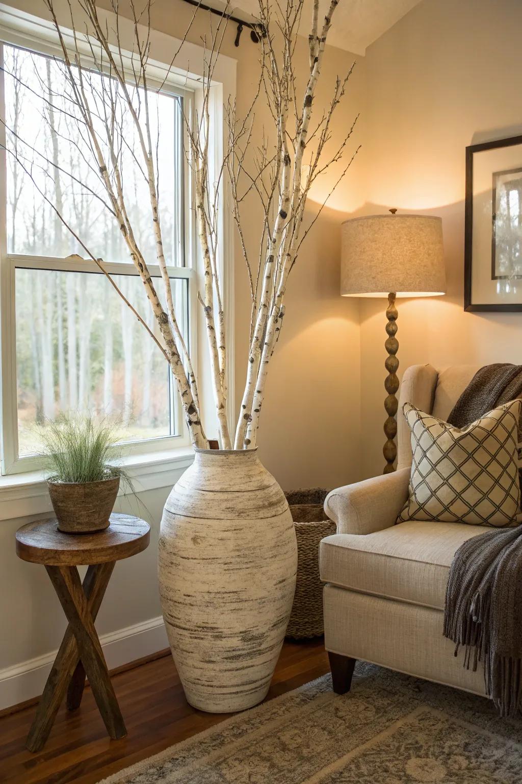 In a warm living room corner, tall white birch branches in a floor vase provide a natural texture.