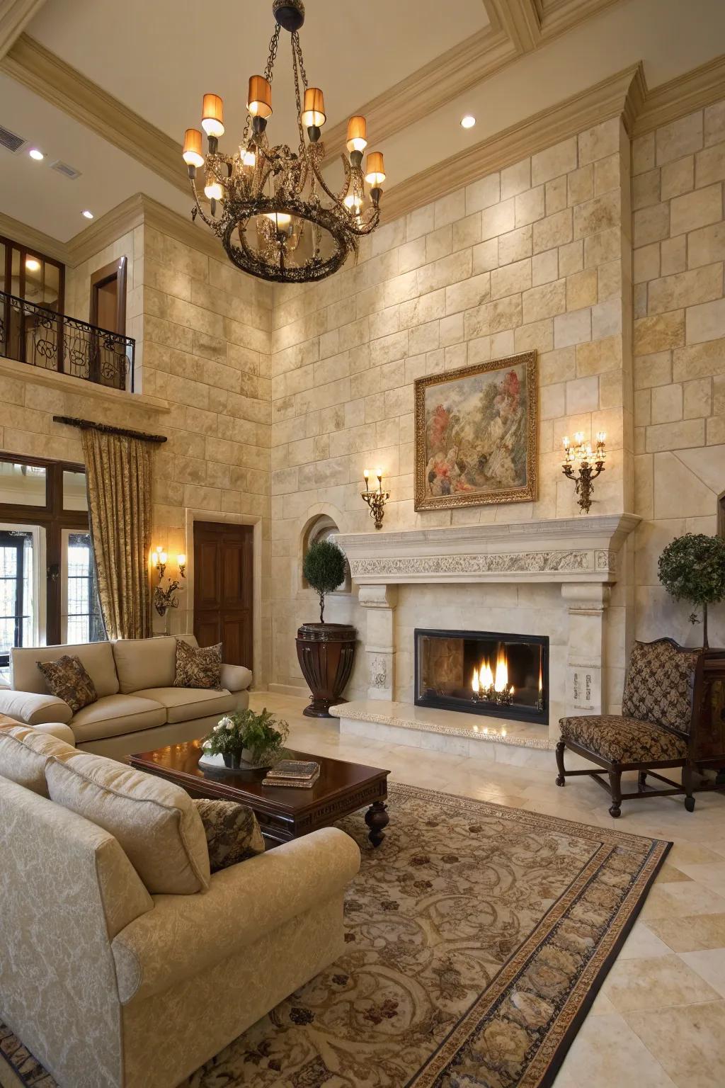 Family room featuring premium natural stone tiling surrounding the fireplace.