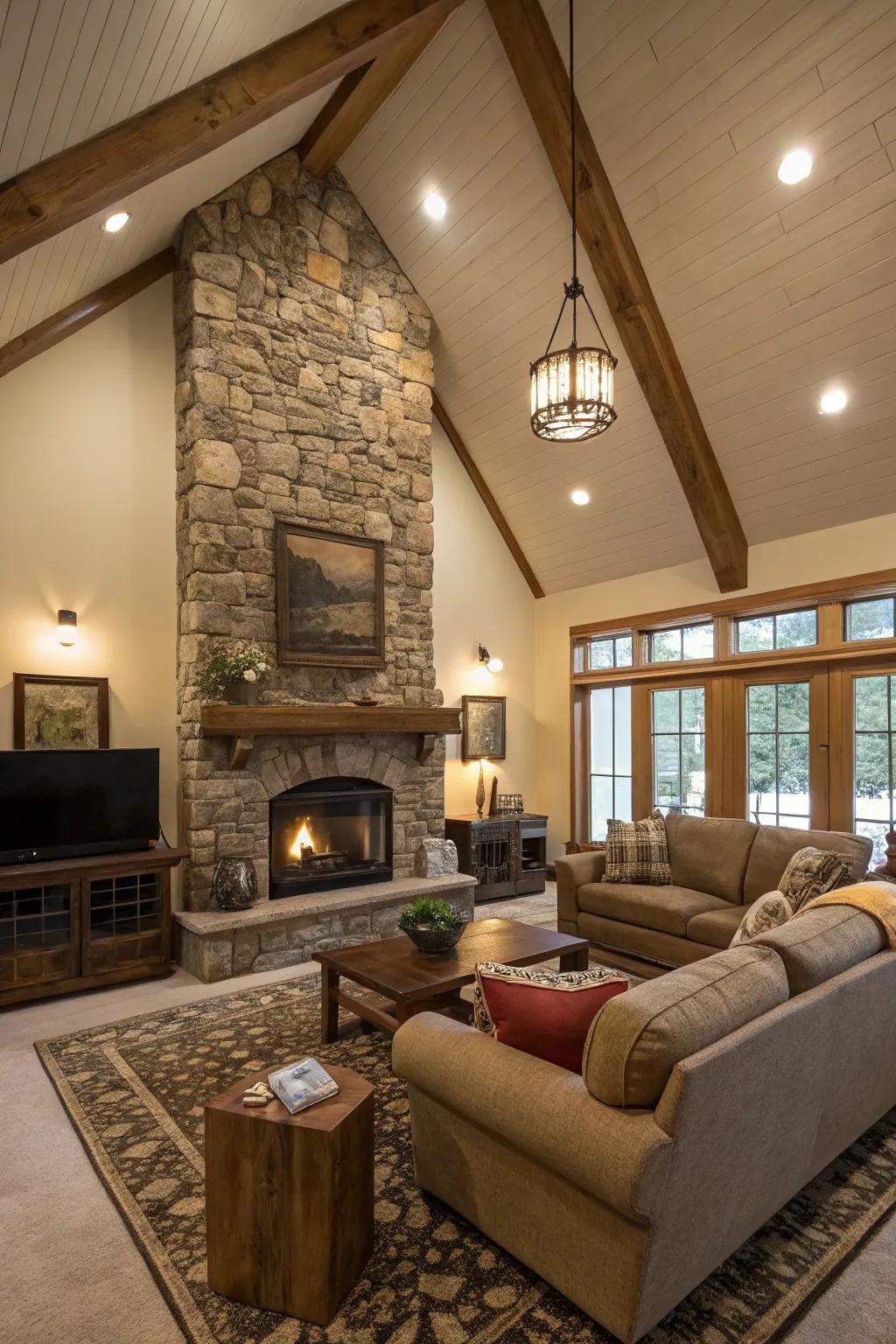 A stone fireplace adds warmth to a high ceiling room.