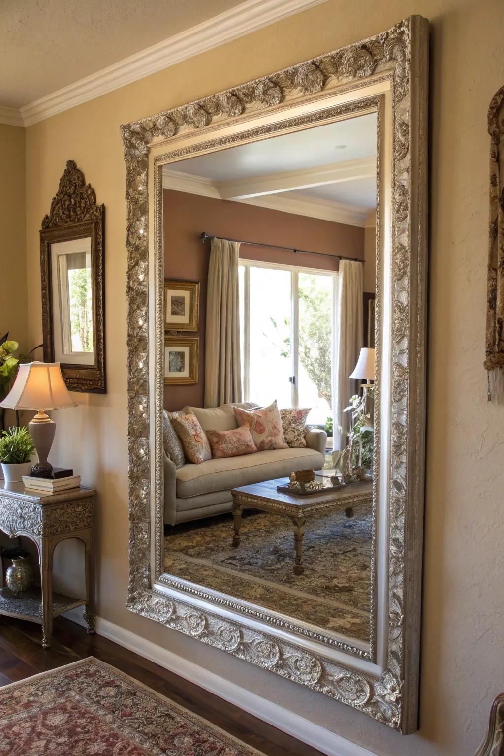 A large mirror reflecting light to brighten the living room.