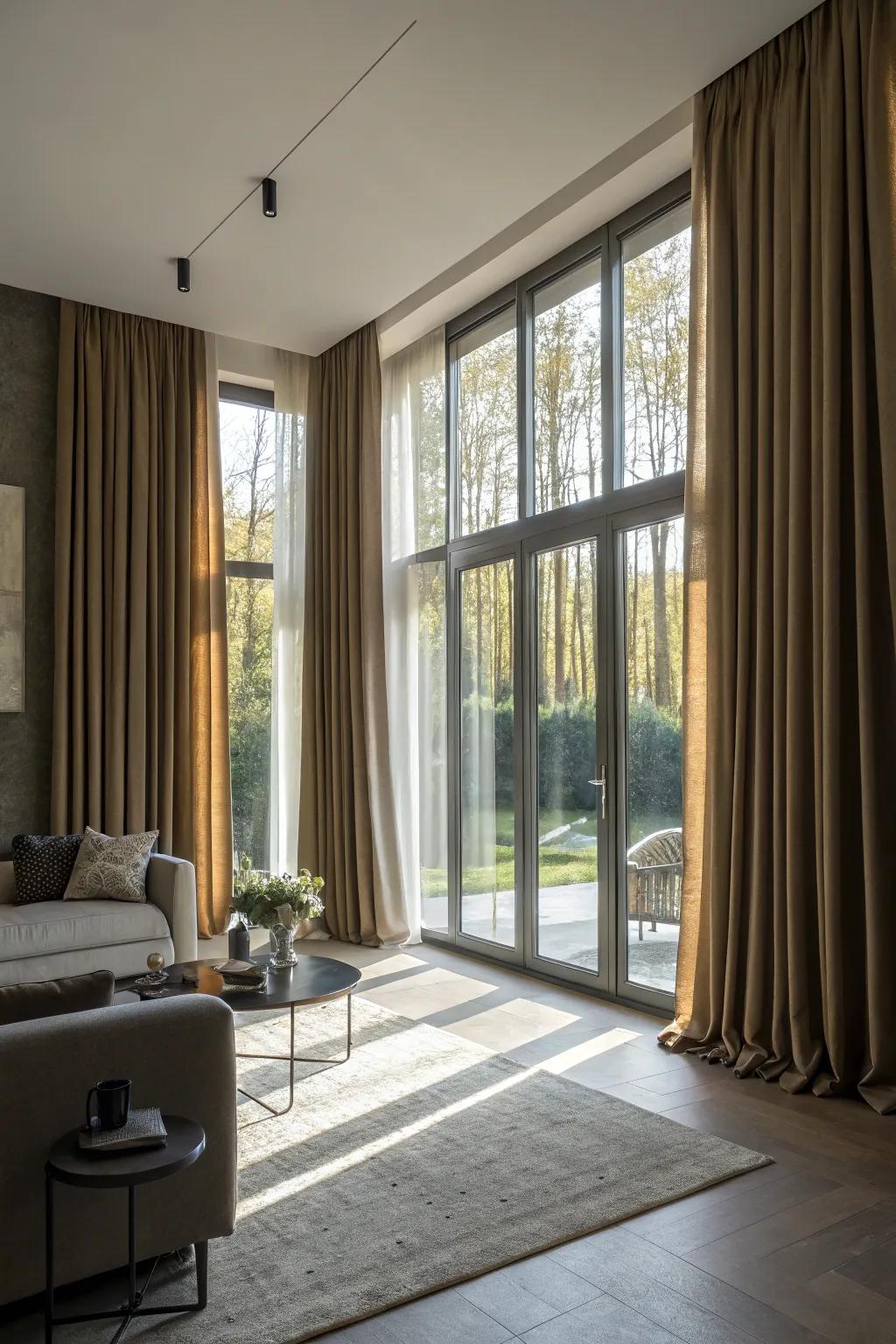 Extended-length drapery lending drama and sophistication to a living space.