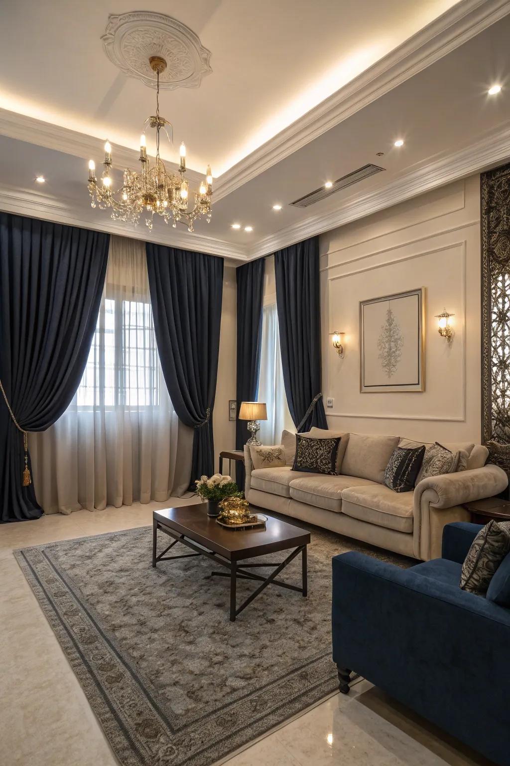 Dark blue curtains offer a dramatic backdrop, bringing depth and sophistication to the setting.