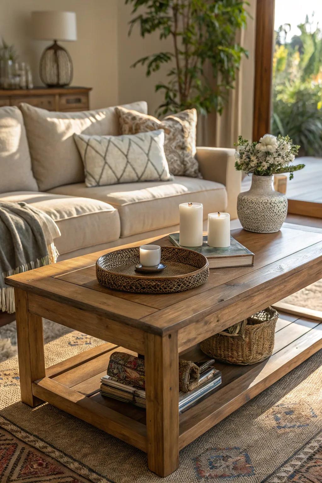 A wood center table adds a hint of warmth and natural elegance to your living room arrangement.
