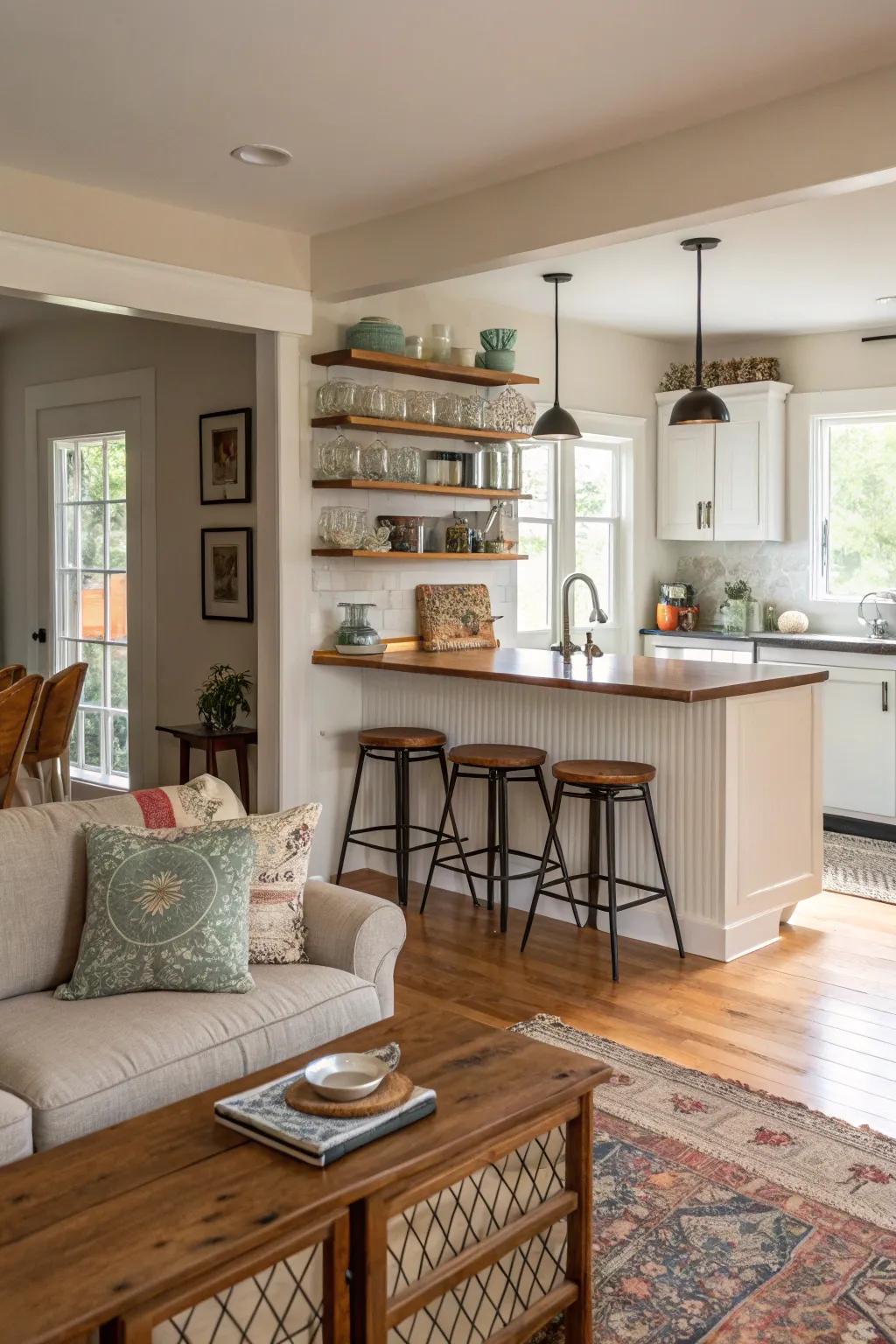 A multi-purpose cooking counter enhances function and style.