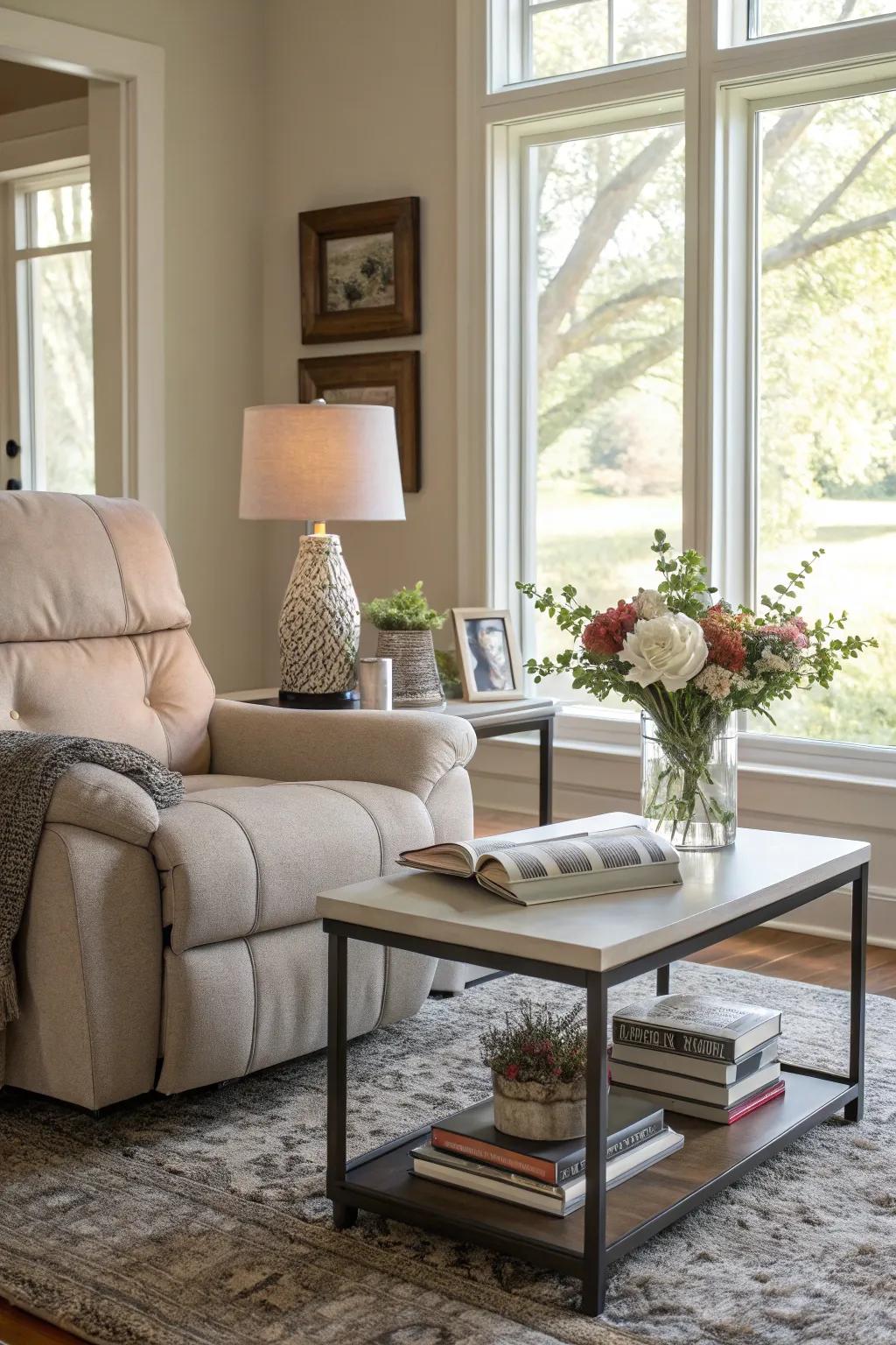 A sophisticated living room arrangement featuring a recliner and a stylish coffee table.