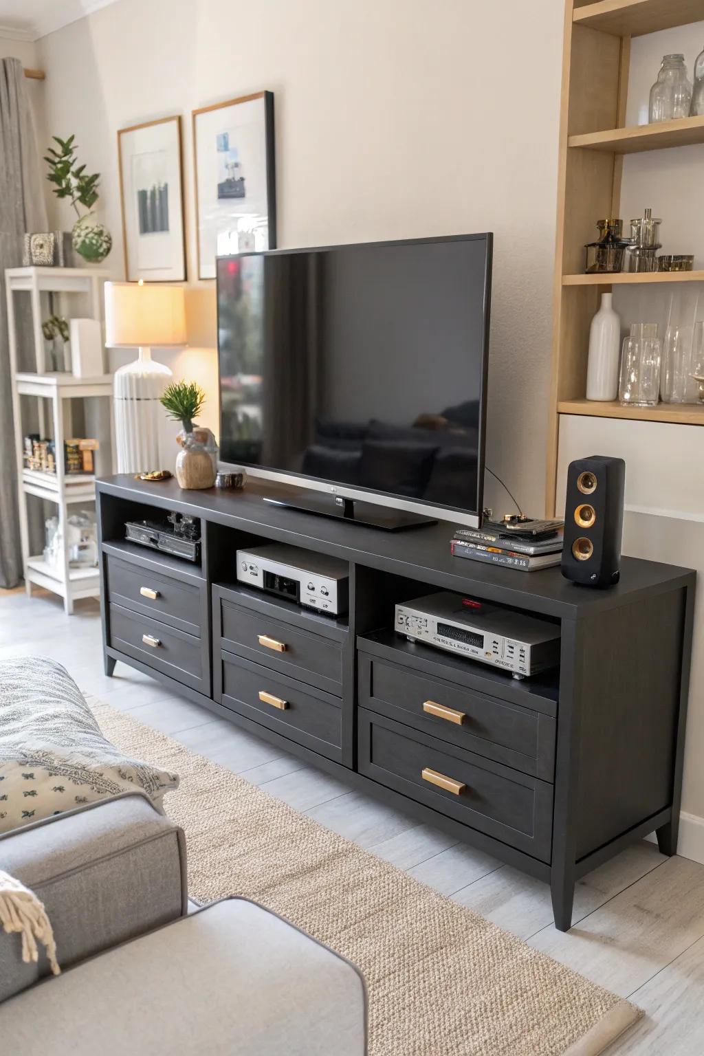 A modern media stand with storage to maintain an organized family room.
