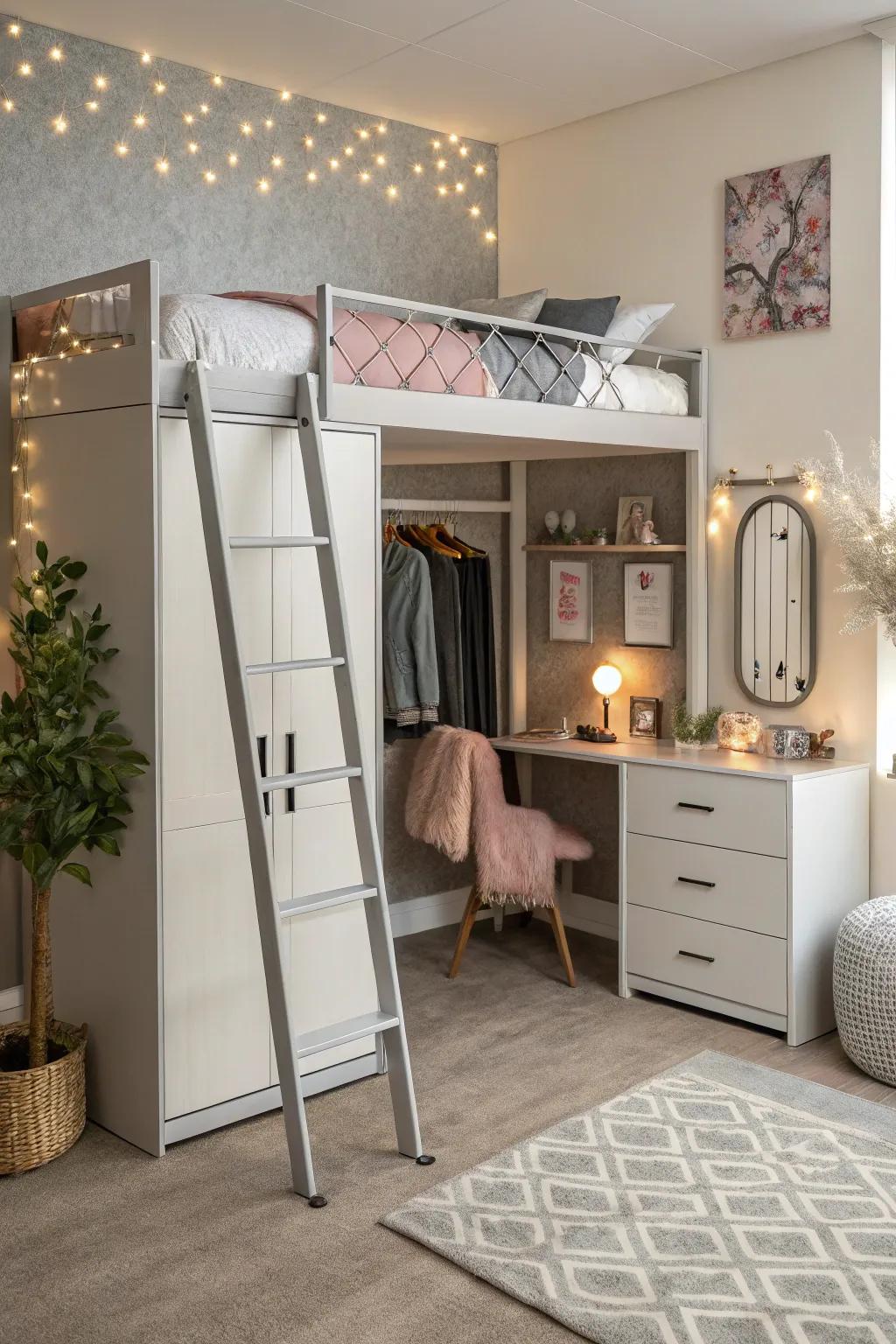 A loft bed cleverly includes a closet and dressing area.