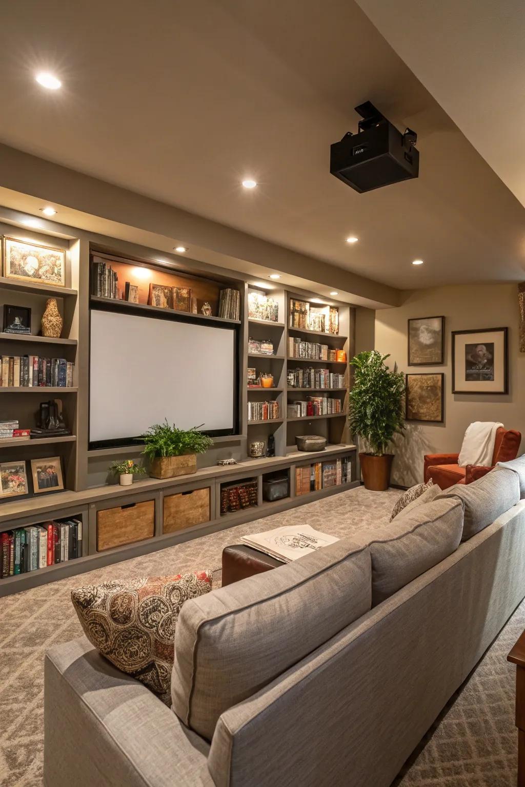 Built-in shelves keep your media room organized and stylish.