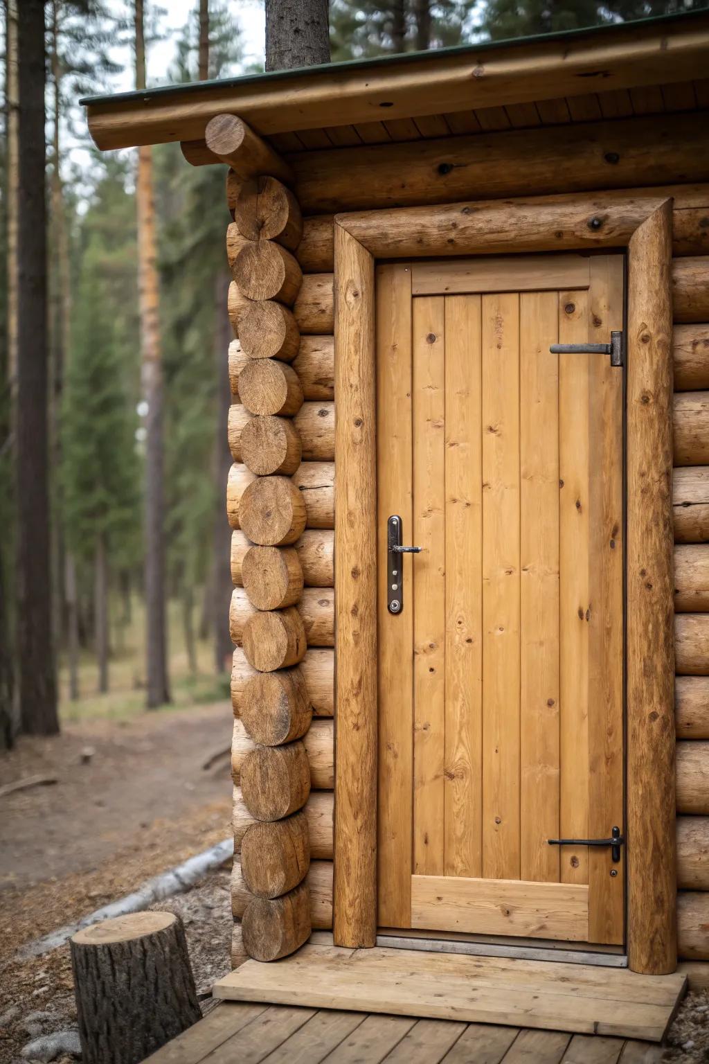 A classic log cabin doorway with durable construction.