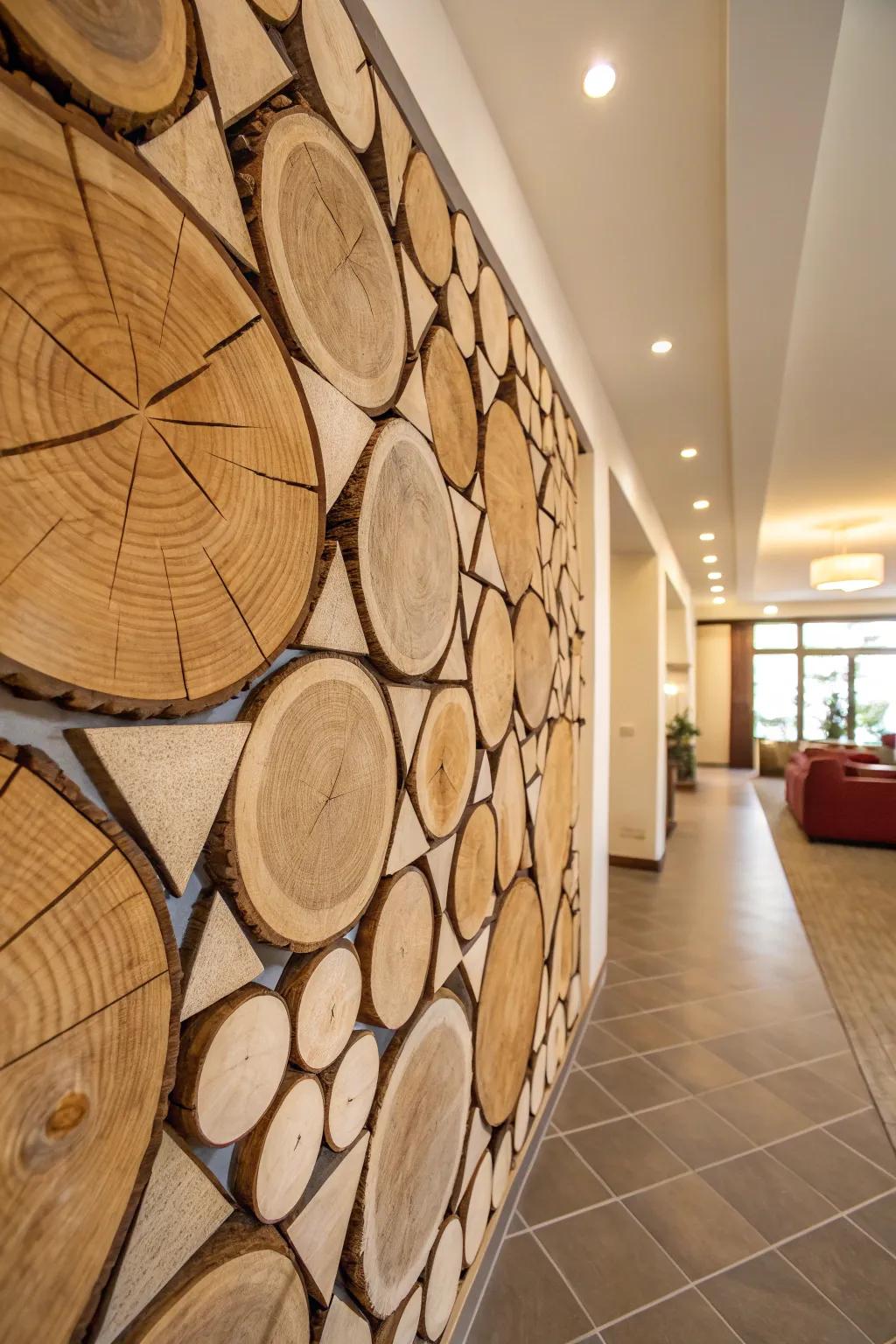 Artistic display of log sections as wall decor.
