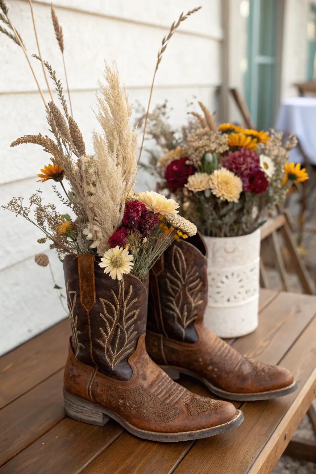 Cowpoke boots reinvented as charming decorative vases.